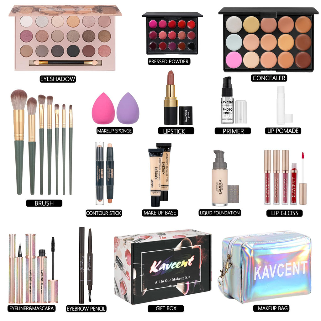 KAVCENT Makeup Sets for Teens & Women – All-in-One Complete Kit with Eyeshadow Palette, Foundation & Gift Set