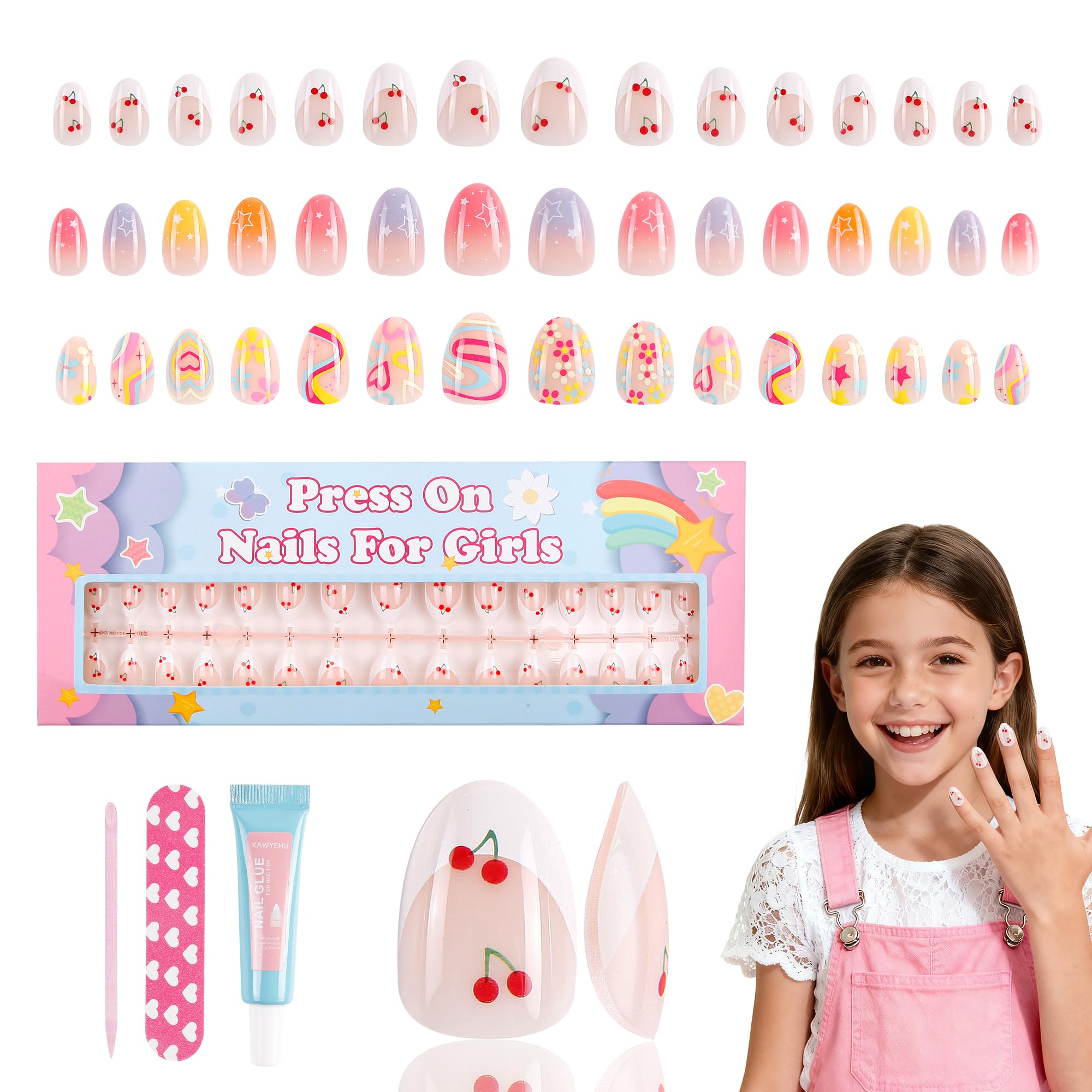 Kawyehu 90 Pieces Kids Press-On Nails – 3-Pack Colorful Almond Nail Kit with Glue