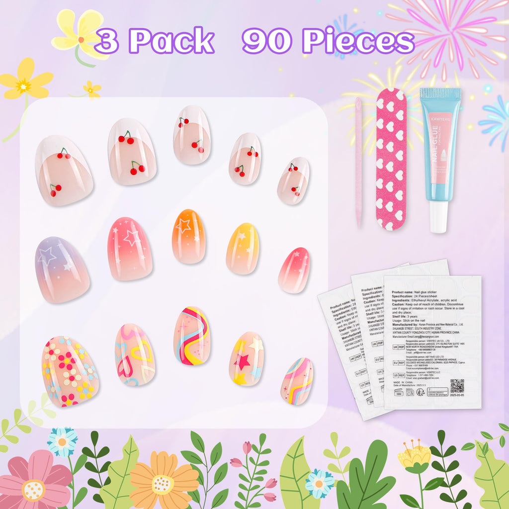 Kawyehu 90 Pieces Kids Press-On Nails – 3-Pack Colorful Almond Nail Kit with Glue