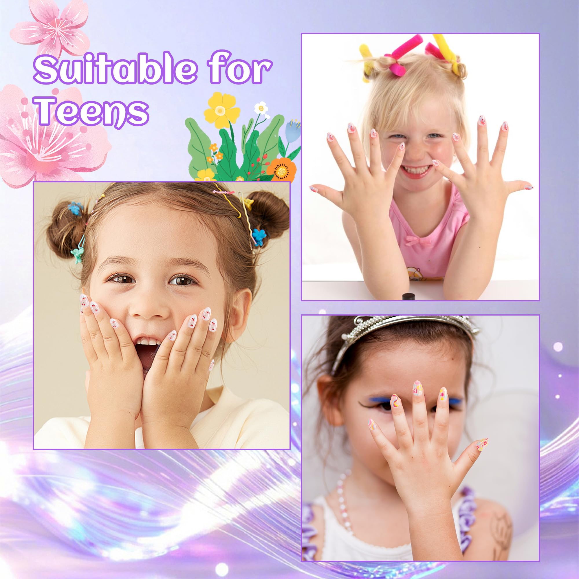 Kawyehu 90 Pieces Kids Press-On Nails – 3-Pack Colorful Almond Nail Kit with Glue