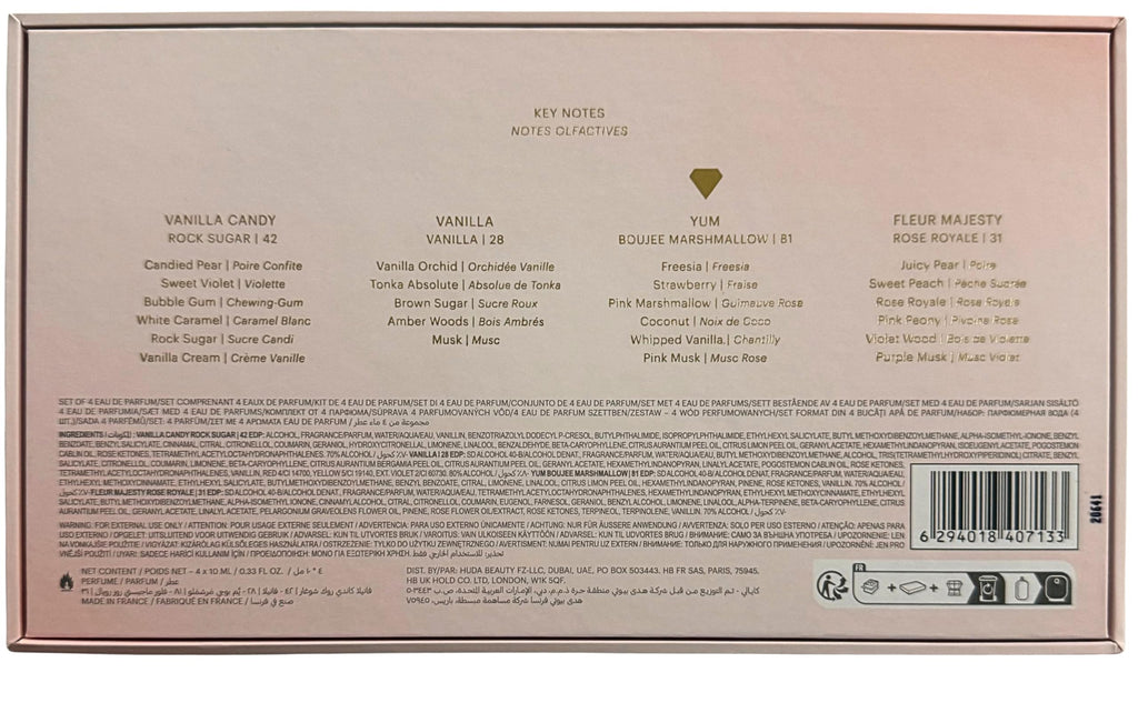 KAYALI Sweet Obsessions Mini Gift Set – 4x10ml EDPs: Vanilla Candy Rock Sugar 42, Vanilla 28, Yum Boujee Marshmallow 81, Fleur Majesty Rose Royale 31