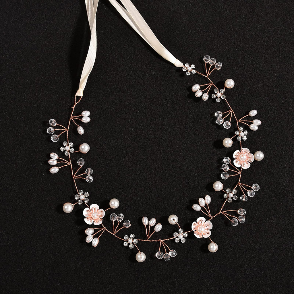 KAYZON Flower Girl Headpiece Rose Gold — Pearl and Flower Bridal Hair Accessory