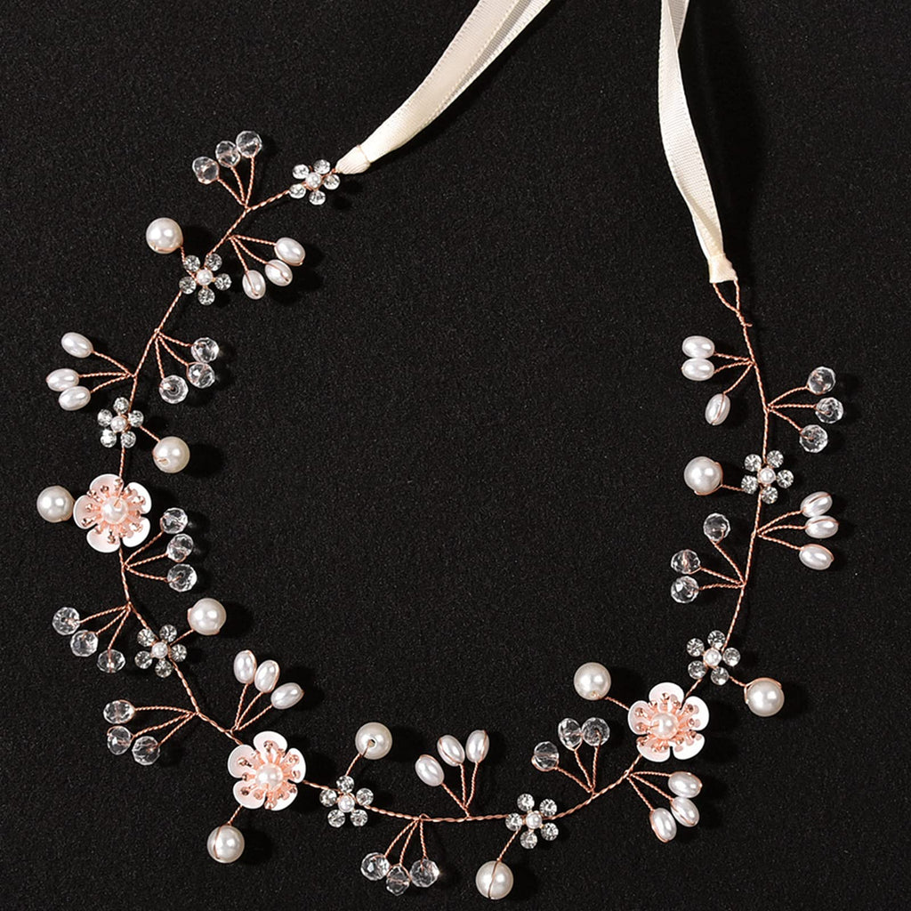 KAYZON Flower Girl Headpiece Rose Gold — Pearl and Flower Bridal Hair Accessory