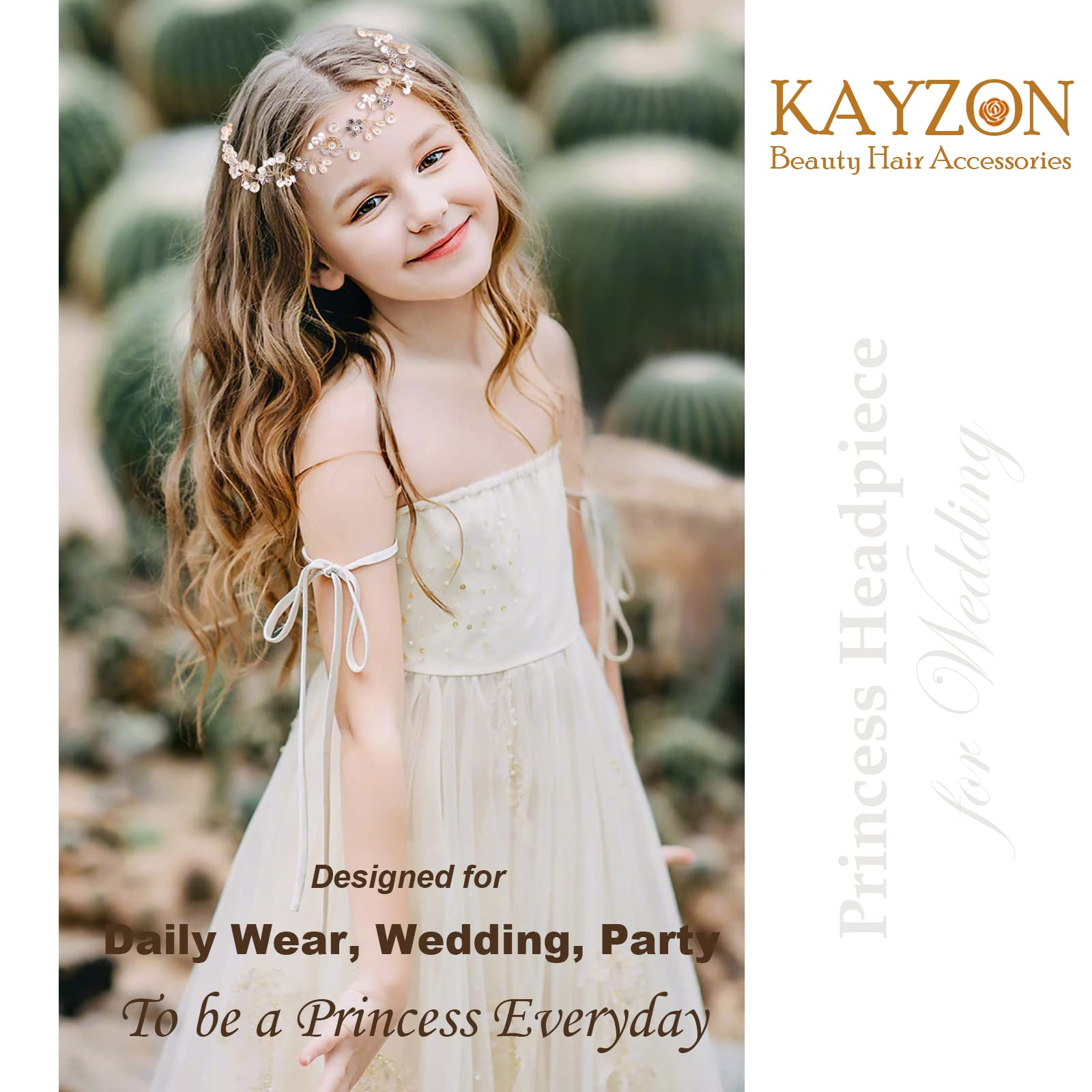 KAYZON Flower Girl Headpiece Rose Gold — Pearl and Flower Bridal Hair Accessory