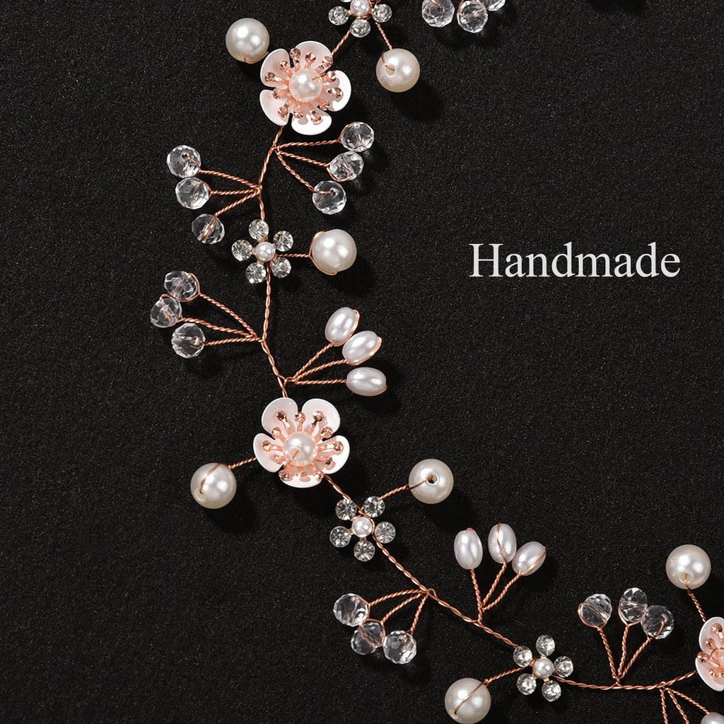 KAYZON Flower Girl Headpiece Rose Gold — Pearl and Flower Bridal Hair Accessory