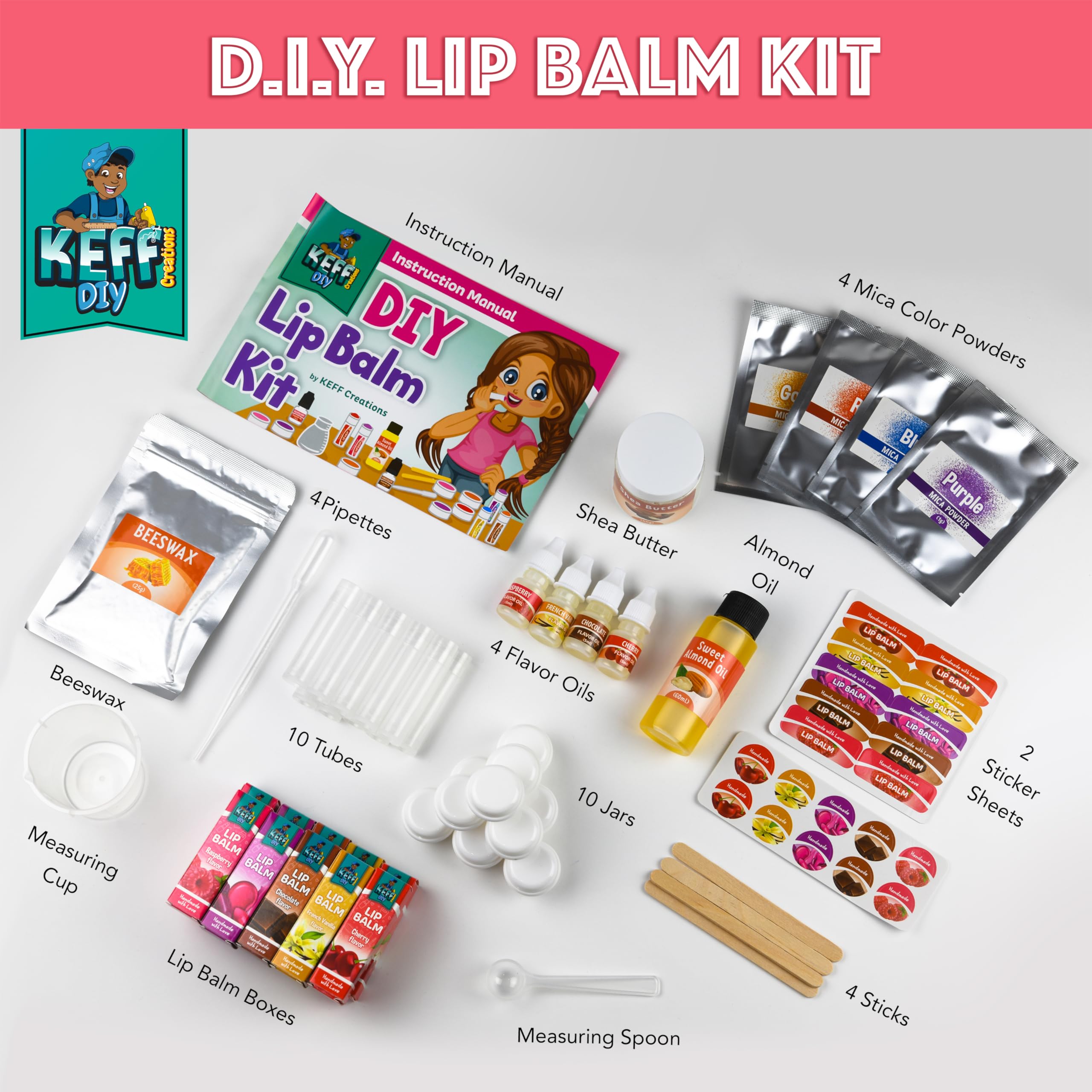 KEFF 51Pcs Lip Balm Making Kit – DIY Lip Balm & Lip Gloss Kit for Kids | Beeswax, Shea Butter, Flavors & Colors