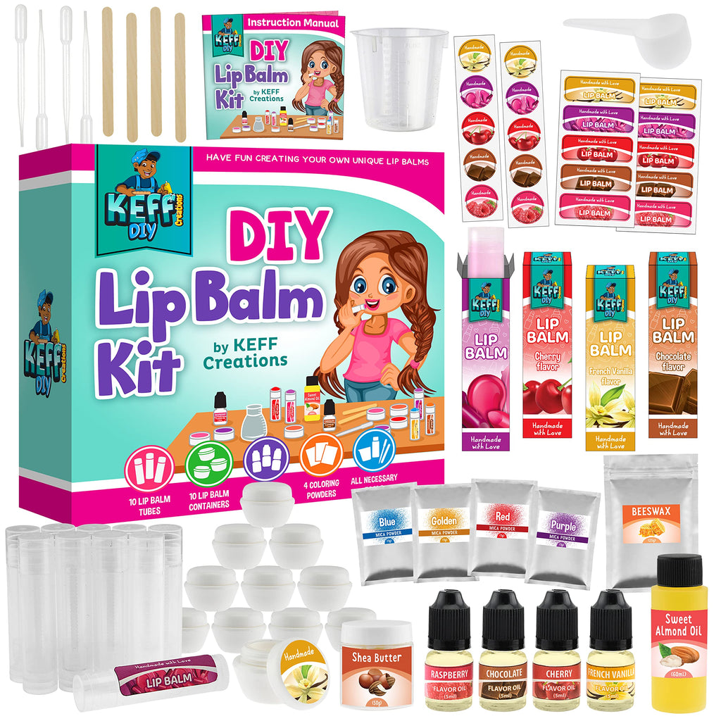 KEFF 51Pcs Lip Balm Making Kit – DIY Lip Balm & Lip Gloss Kit for Kids | Beeswax, Shea Butter, Flavors & Colors