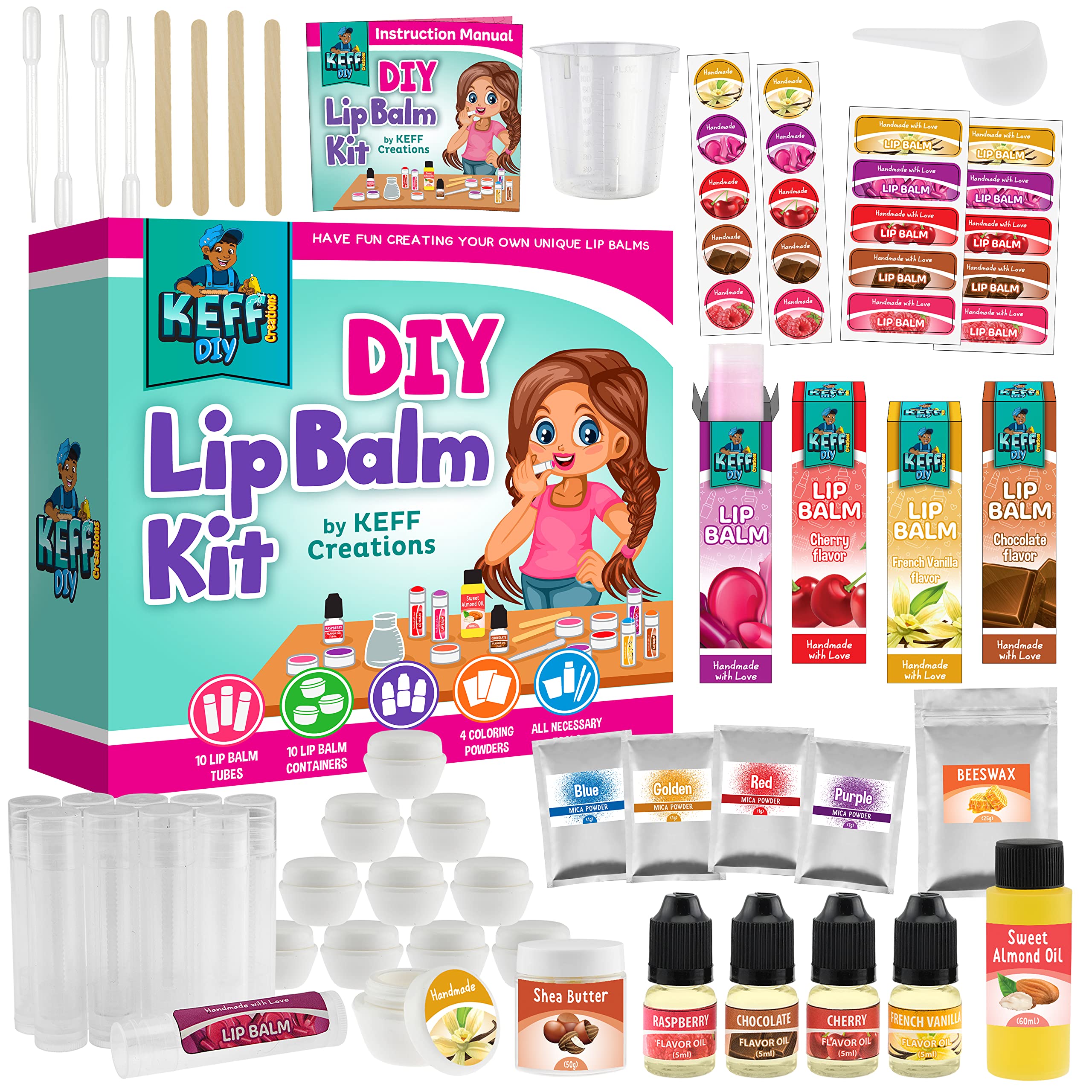 KEFF 51Pcs Lip Balm Making Kit – DIY Lip Balm & Lip Gloss Kit for Kids | Beeswax, Shea Butter, Flavors & Colors