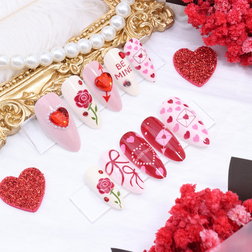 KEHKFSEF Valentines Press-On Nails – Medium Almond, 3D Heart Designs, 24 pcs