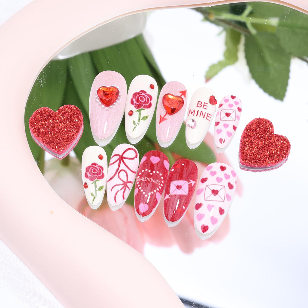 KEHKFSEF Valentines Press-On Nails – Medium Almond, 3D Heart Designs, 24 pcs