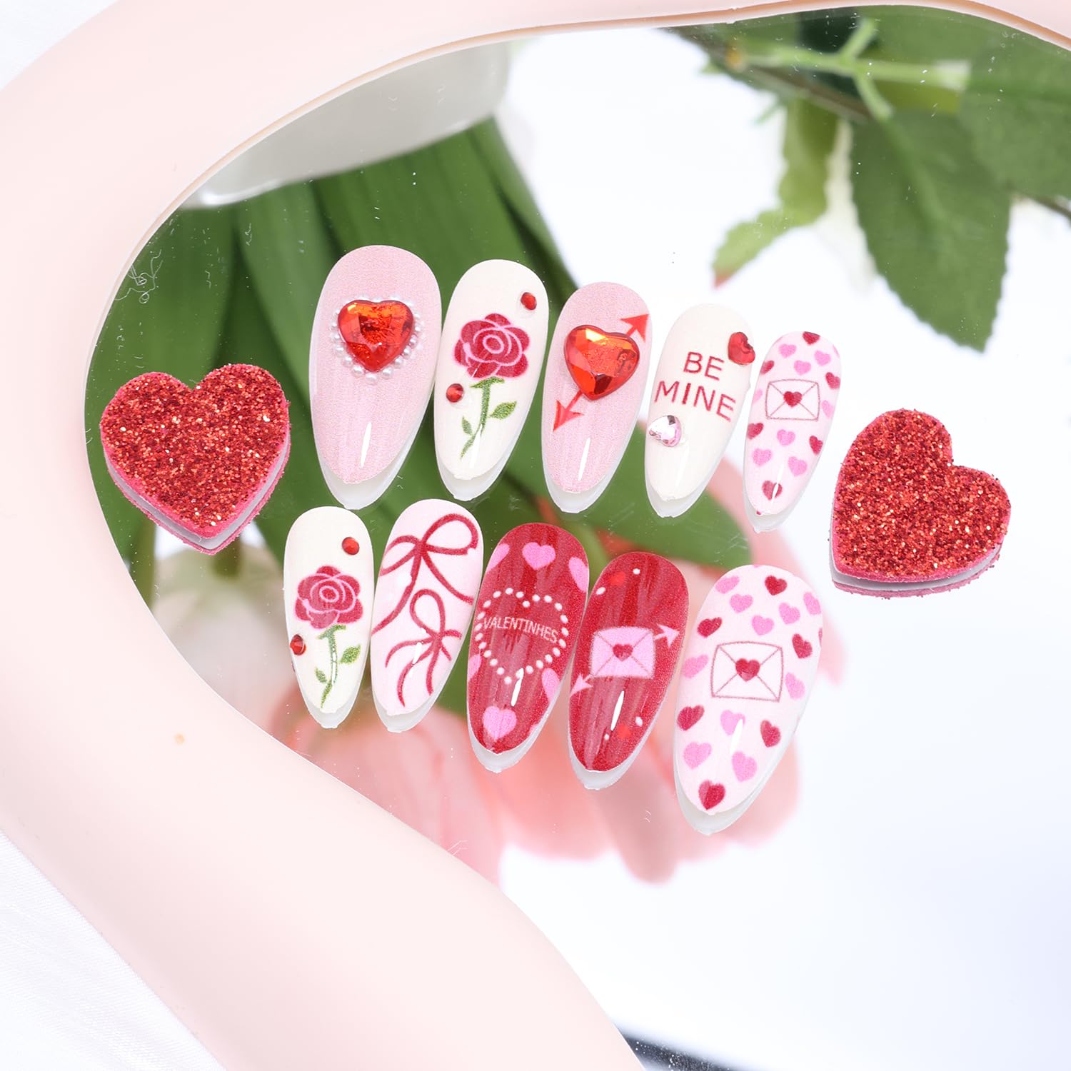 KEHKFSEF Valentines Press-On Nails – Medium Almond, 3D Heart Designs, 24 pcs