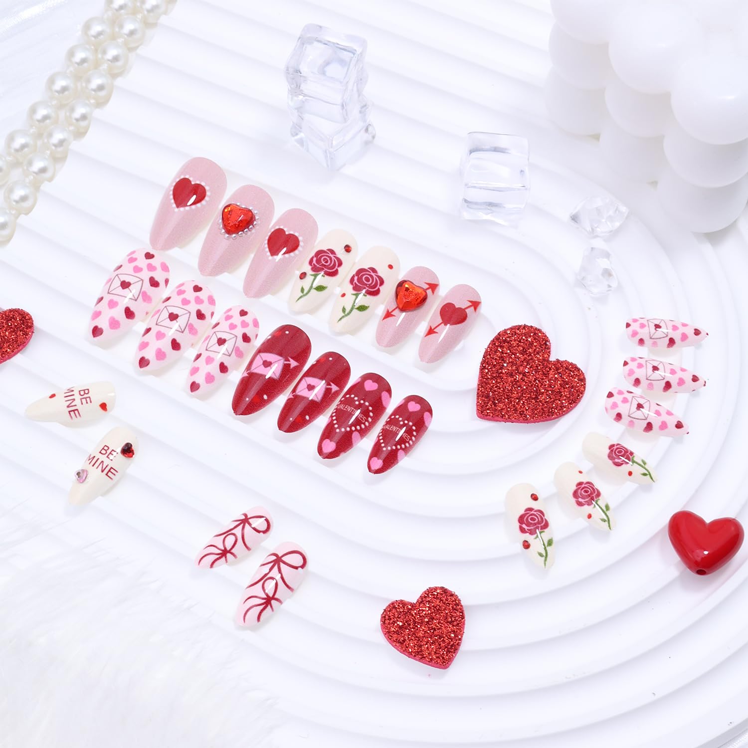 KEHKFSEF Valentines Press-On Nails – Medium Almond, 3D Heart Designs, 24 pcs