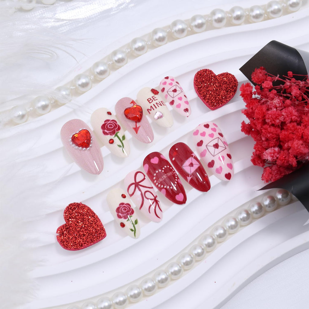 KEHKFSEF Valentines Press-On Nails – Medium Almond, 3D Heart Designs, 24 pcs