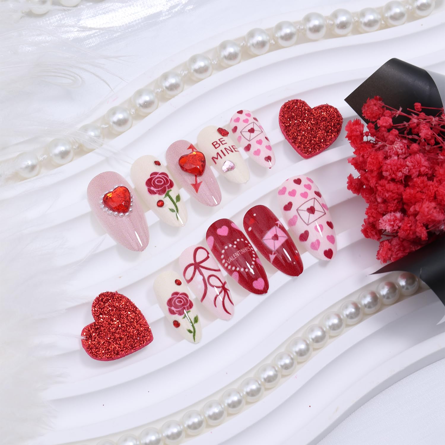 KEHKFSEF Valentines Press-On Nails – Medium Almond, 3D Heart Designs, 24 pcs