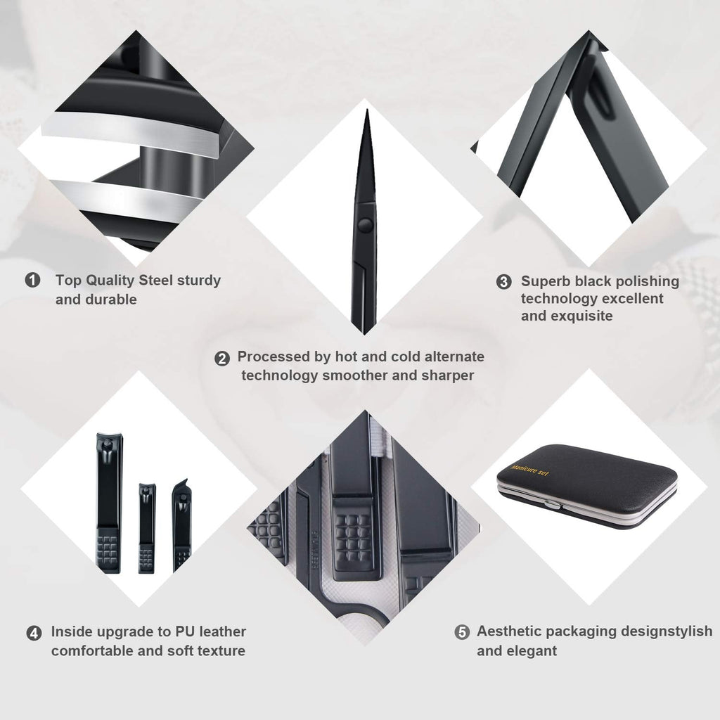 Keiby Citom Manicure Set – 10pc Travel Mini Nail Clippers Kit Pedicure Tools (Black)