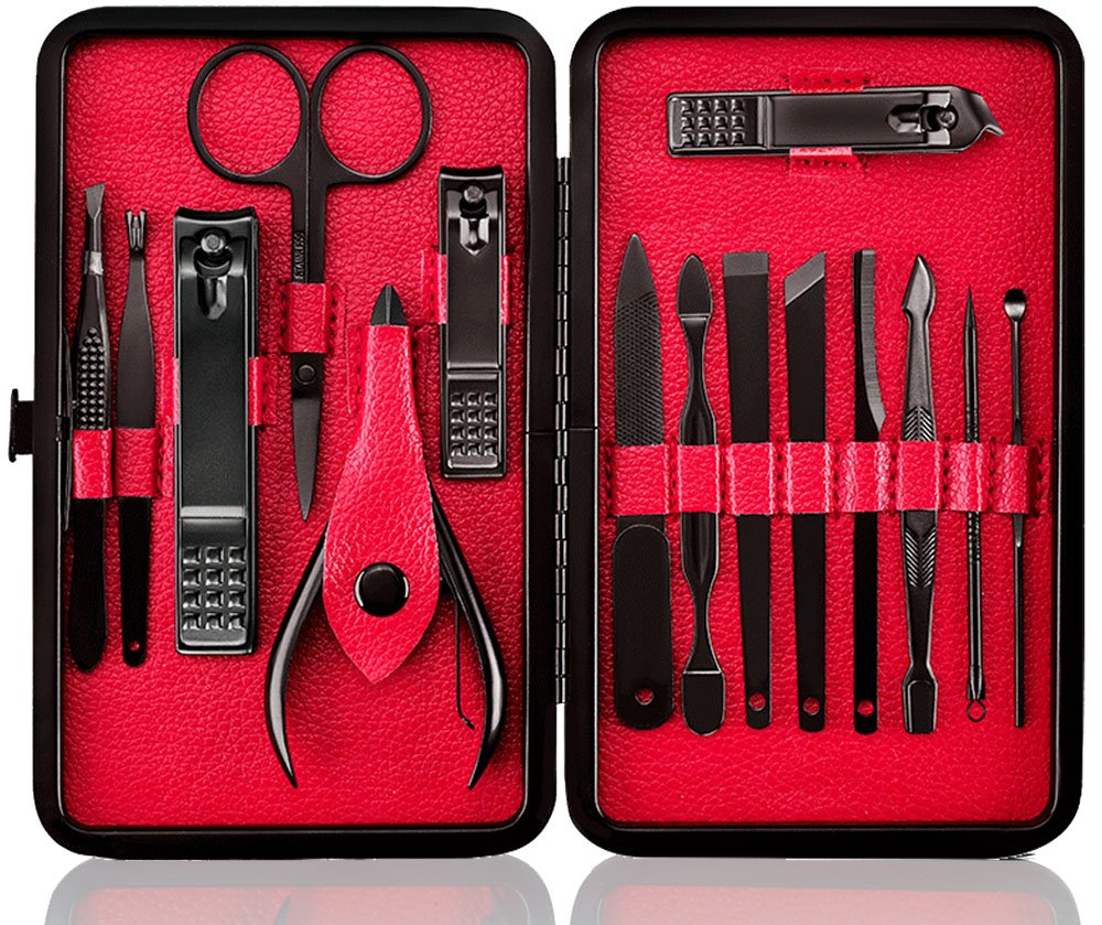 Keiby Citom 15pc Stainless Steel Nail Tools Set with Luxury Case – Manicure & Pedicure Kit (Black/Red)