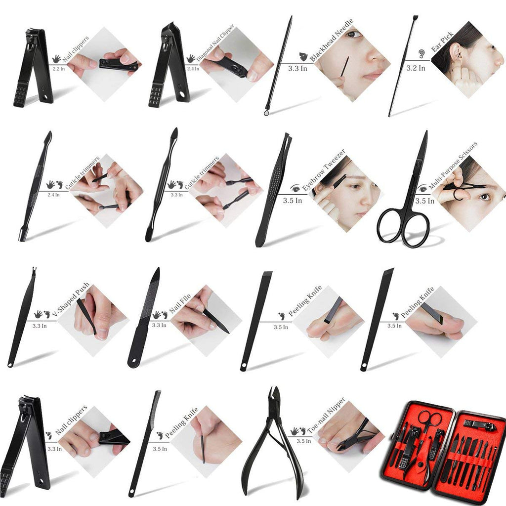 Keiby Citom 15pc Stainless Steel Nail Tools Set with Luxury Case – Manicure & Pedicure Kit (Black/Red)