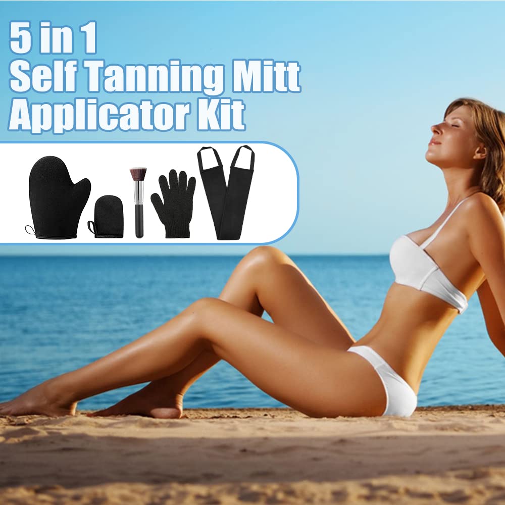 KELILO 5-in-1 Self Tanning Mitt Applicator Set | Exfoliating Mitt, Back Applicator, Face Mitt