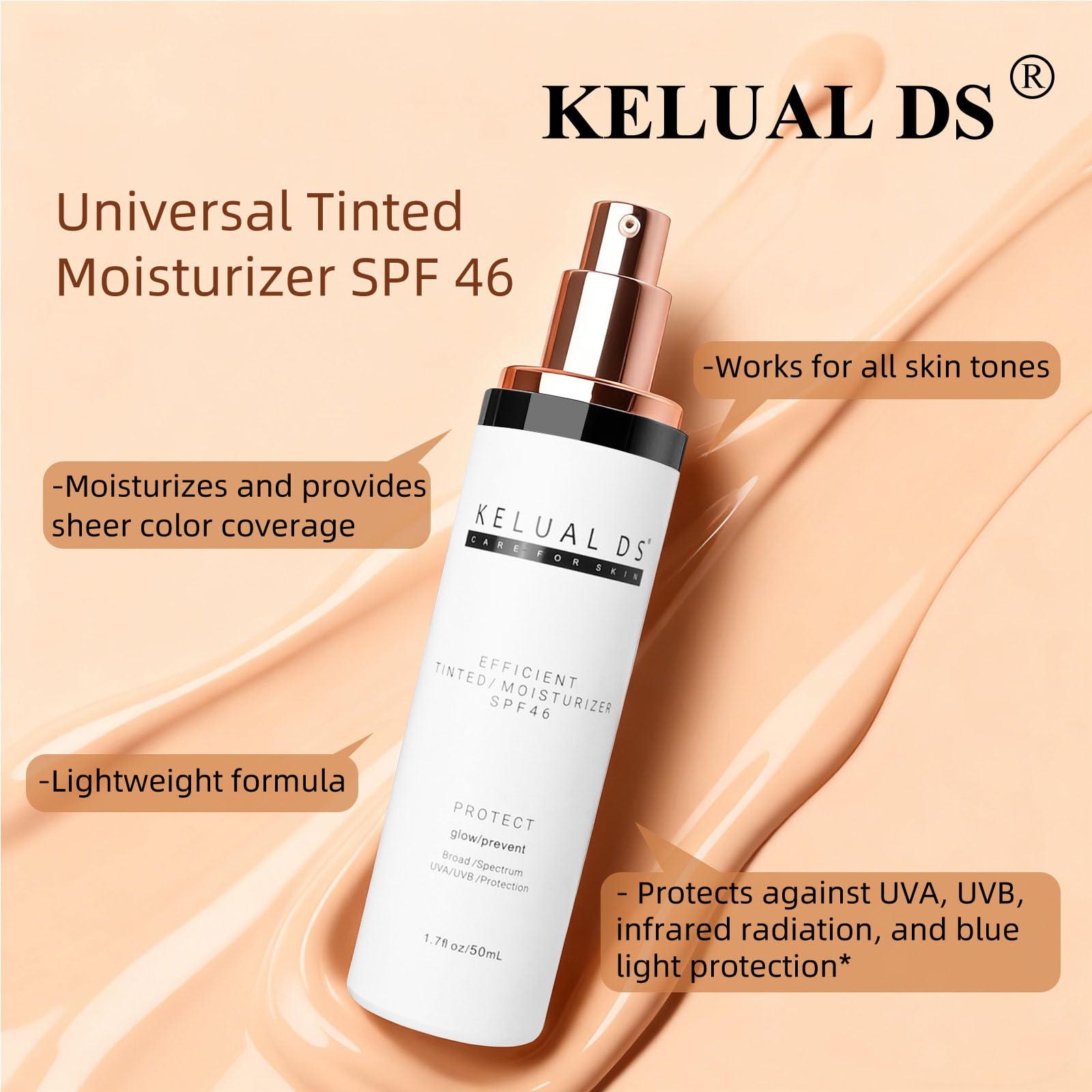 KELUAL DS Anti-Aging Tinted Moisturizer SPF 46 | Sheer Hydrating Sunscreen & Tint