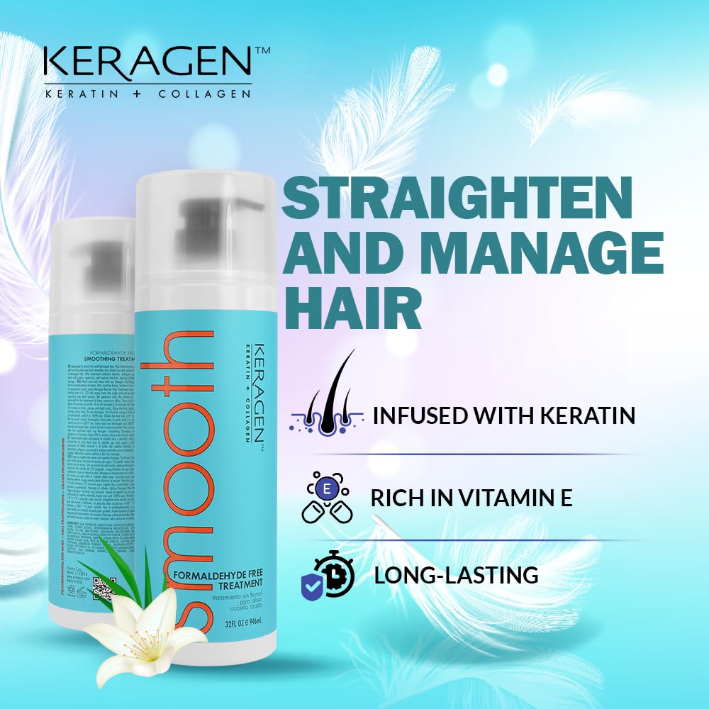 Keragen Brazilian Keratin Smoothing Treatment - 32 oz, Formaldehyde-Free Blowout for Dry & Damaged Hair (Fine to Medium)