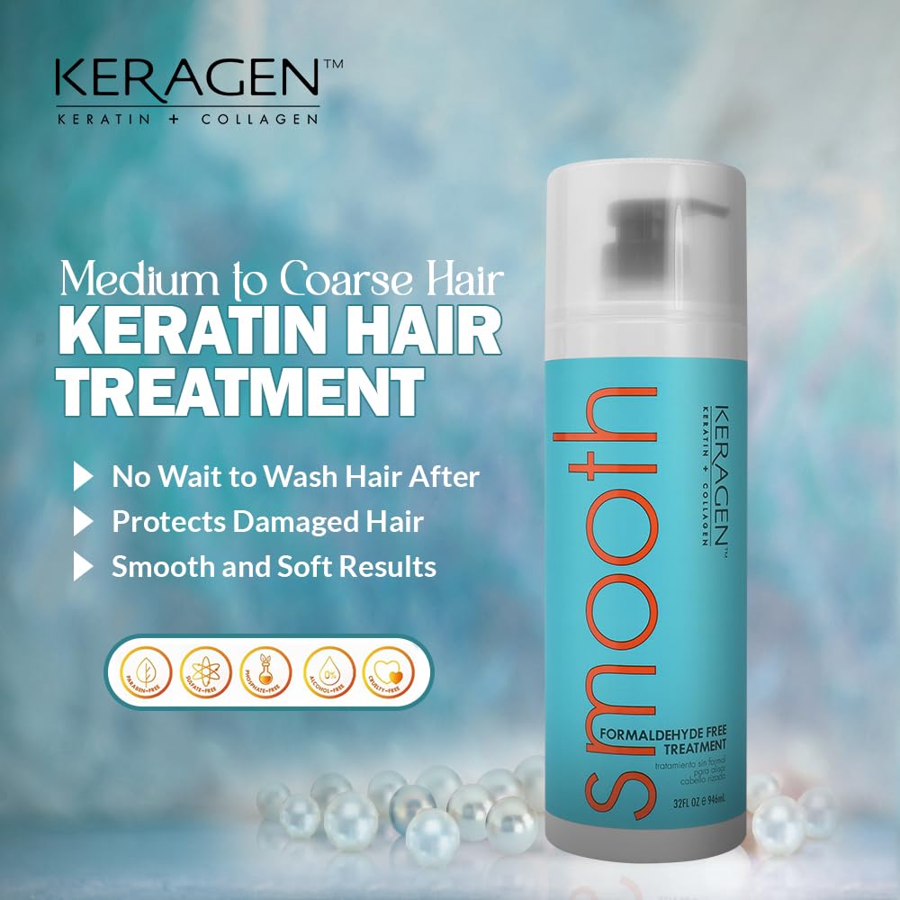 Keragen Brazilian Keratin Smoothing Treatment - 32 oz, Formaldehyde-Free Blowout for Dry & Damaged Hair (Fine to Medium)