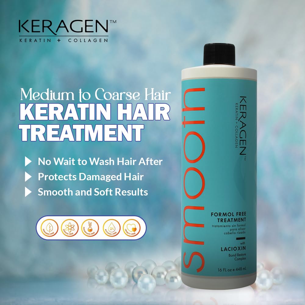 Keragen Brazilian Keratin Smoothing Treatment - Formaldehyde-Free Blowout for Frizzy, Dry, or Damaged Hair | Fine to Medium Hair | 16 oz