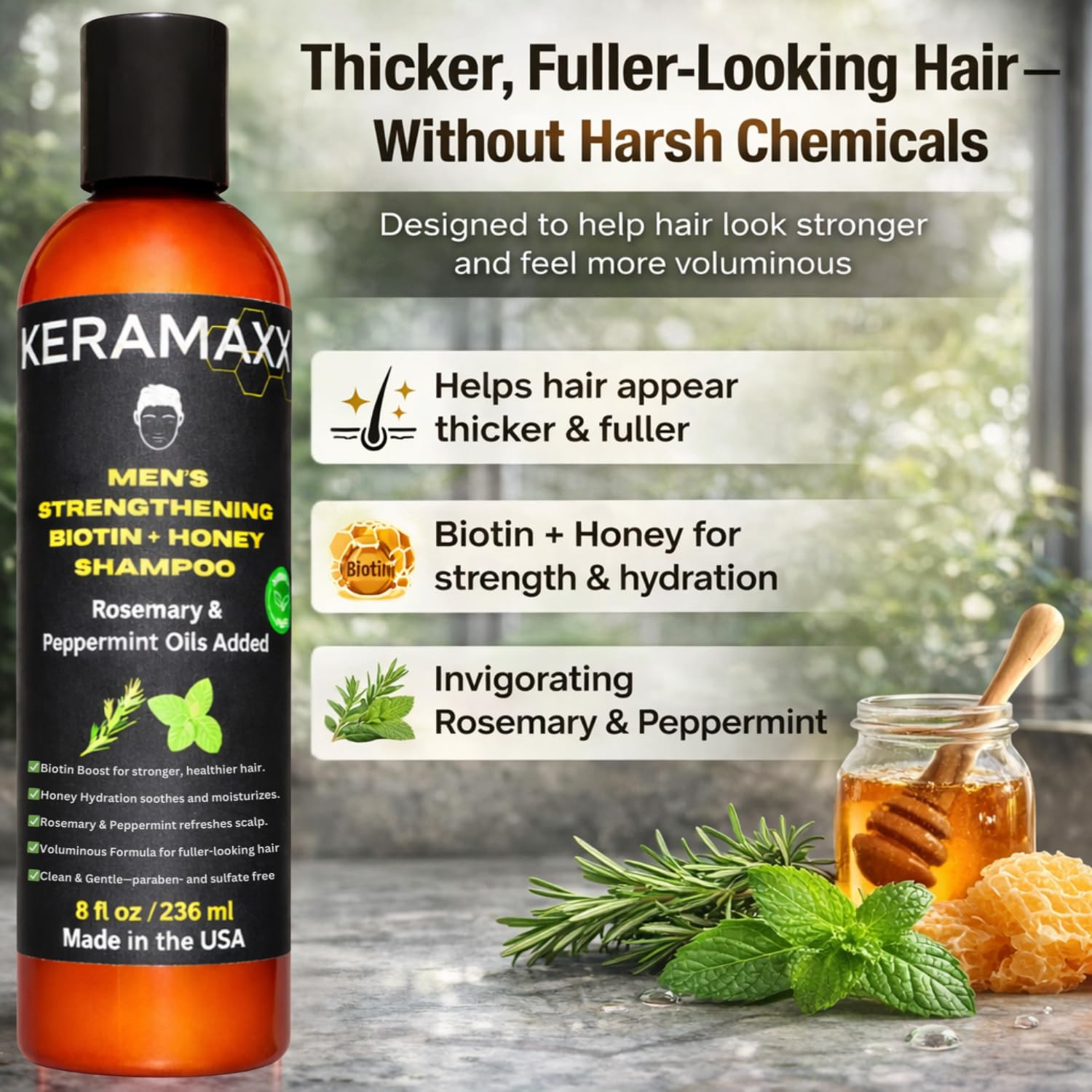 KERAMAXX Biotin + Honey Thickening Shampoo for Men – Sulfate & Paraben Free