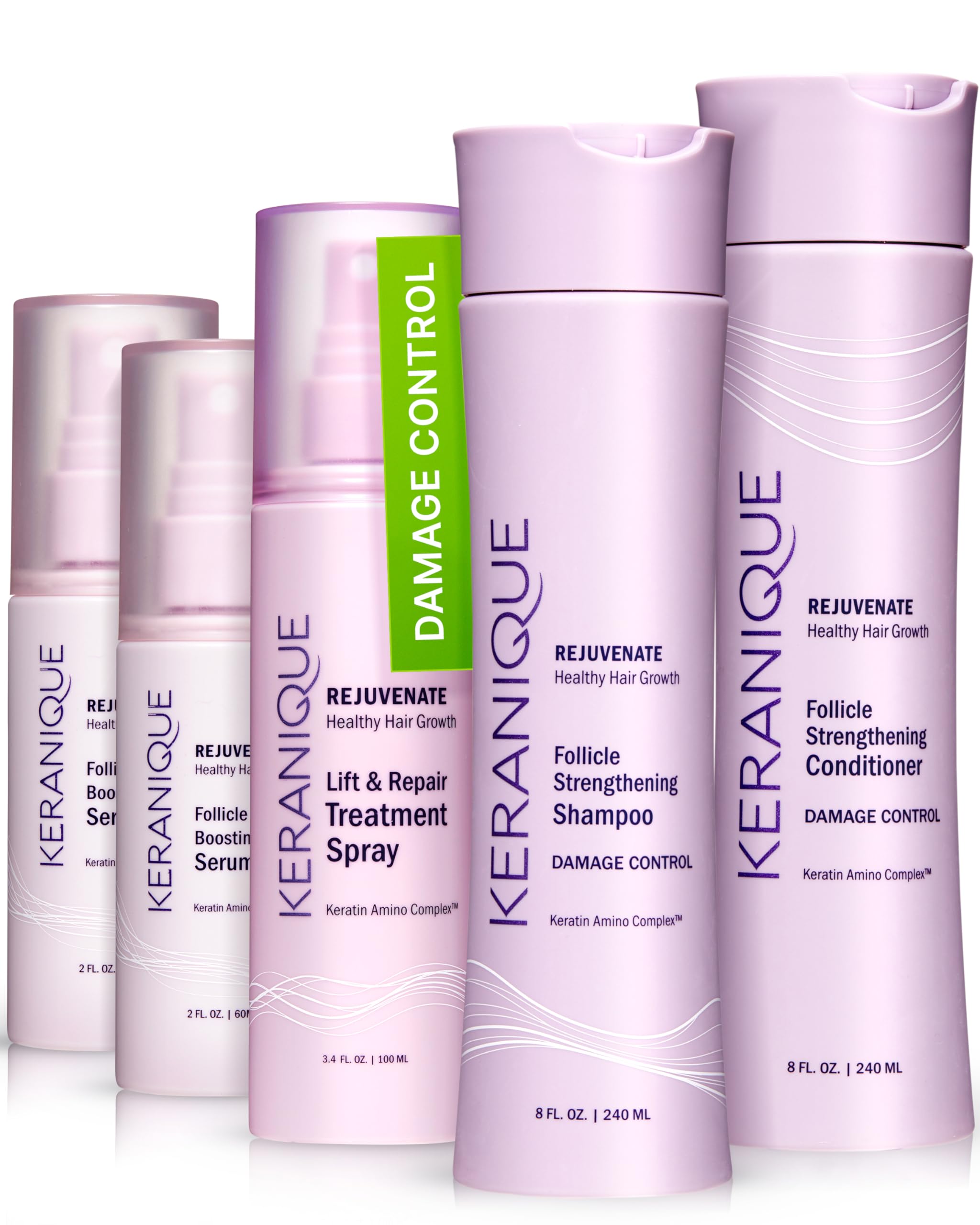 Keranique Damage Control Set for Thinning Hair – Shampoo, Conditioner, Follicle Booster Serum & Lift & Repair Spray