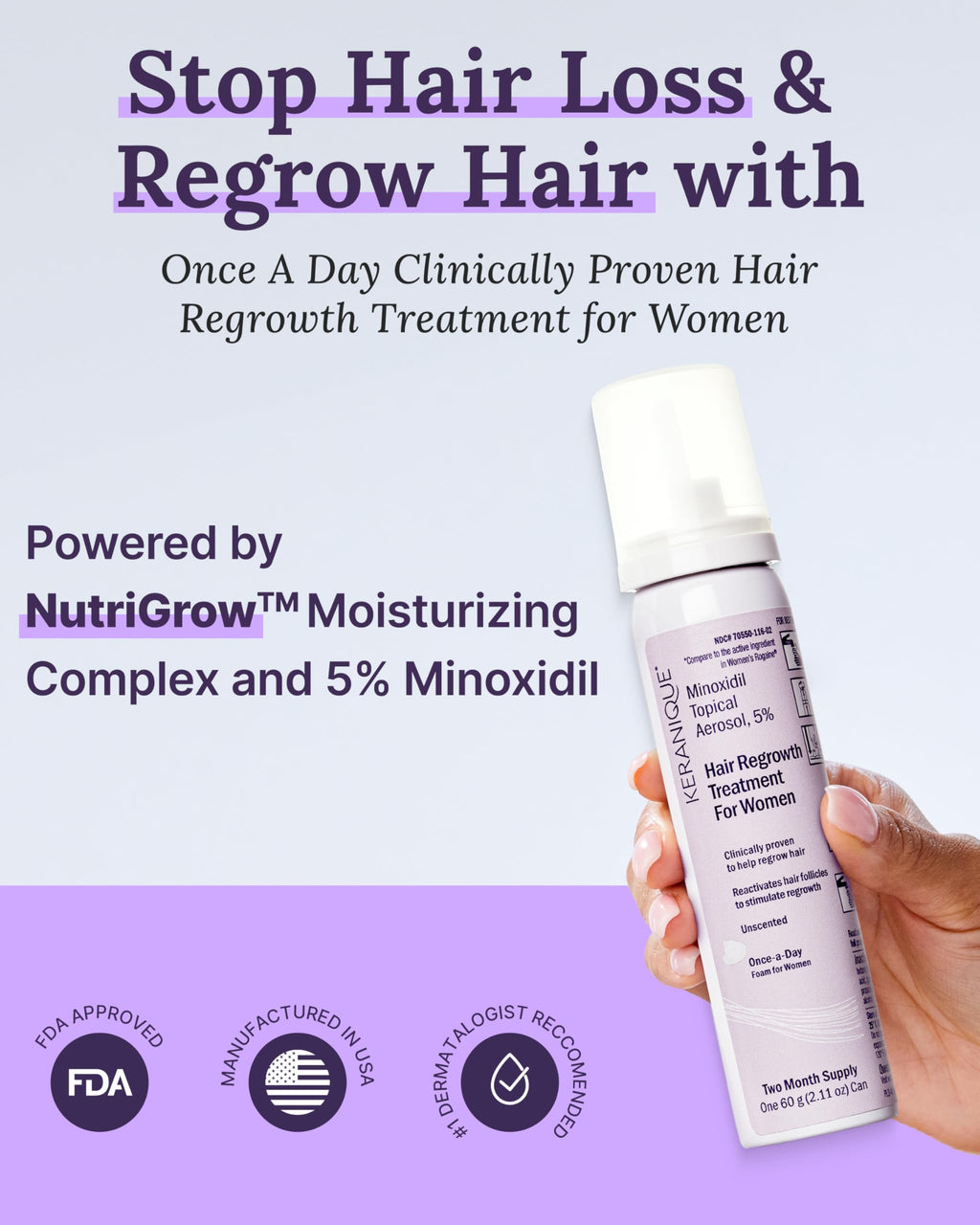 Keranique 5% Minoxidil Foam for Women – Hair Regrowth & Scalp Nourishment (2 Month Supply)