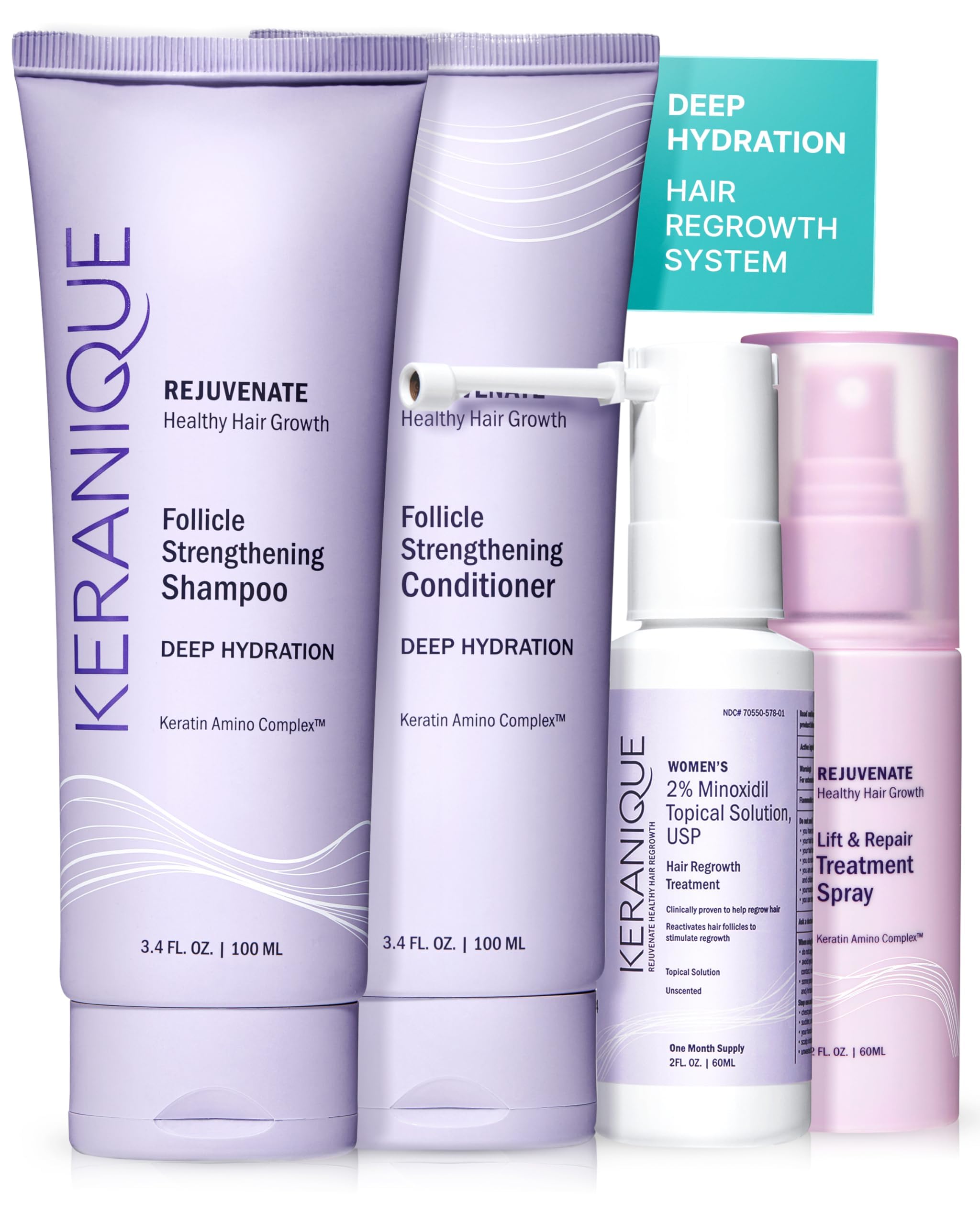 Keranique Hair Growth System for Women – Minoxidil 2% Regrowth + Hydrating Shampoo & Conditioner