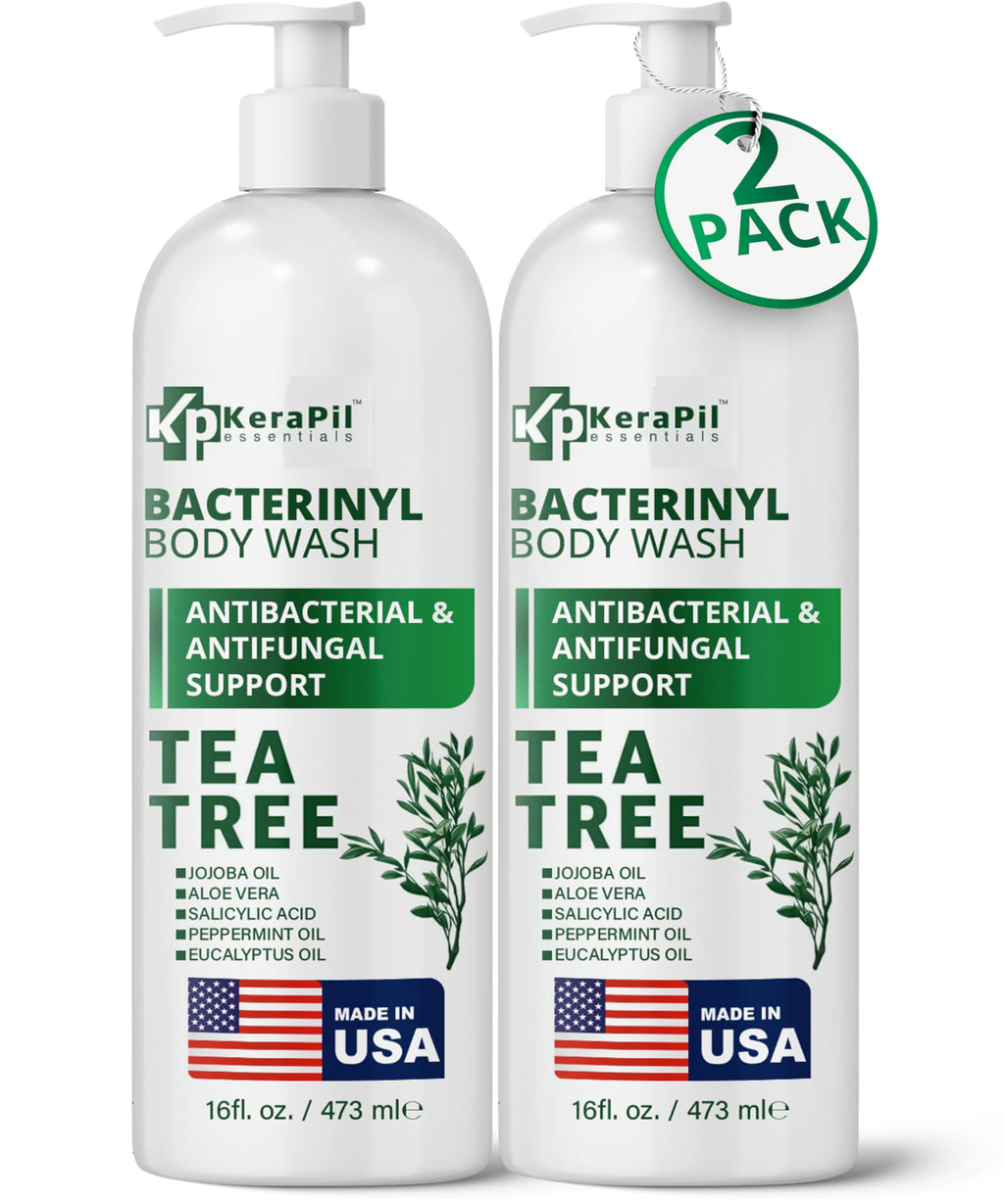 KERAPIL Bacterinyl Tea Tree Oil Body Wash | Antibacterial & Antifungal Support for Ringworm, Odor, Athlete’s Foot & Acne | Made in USA (16 oz x 2)