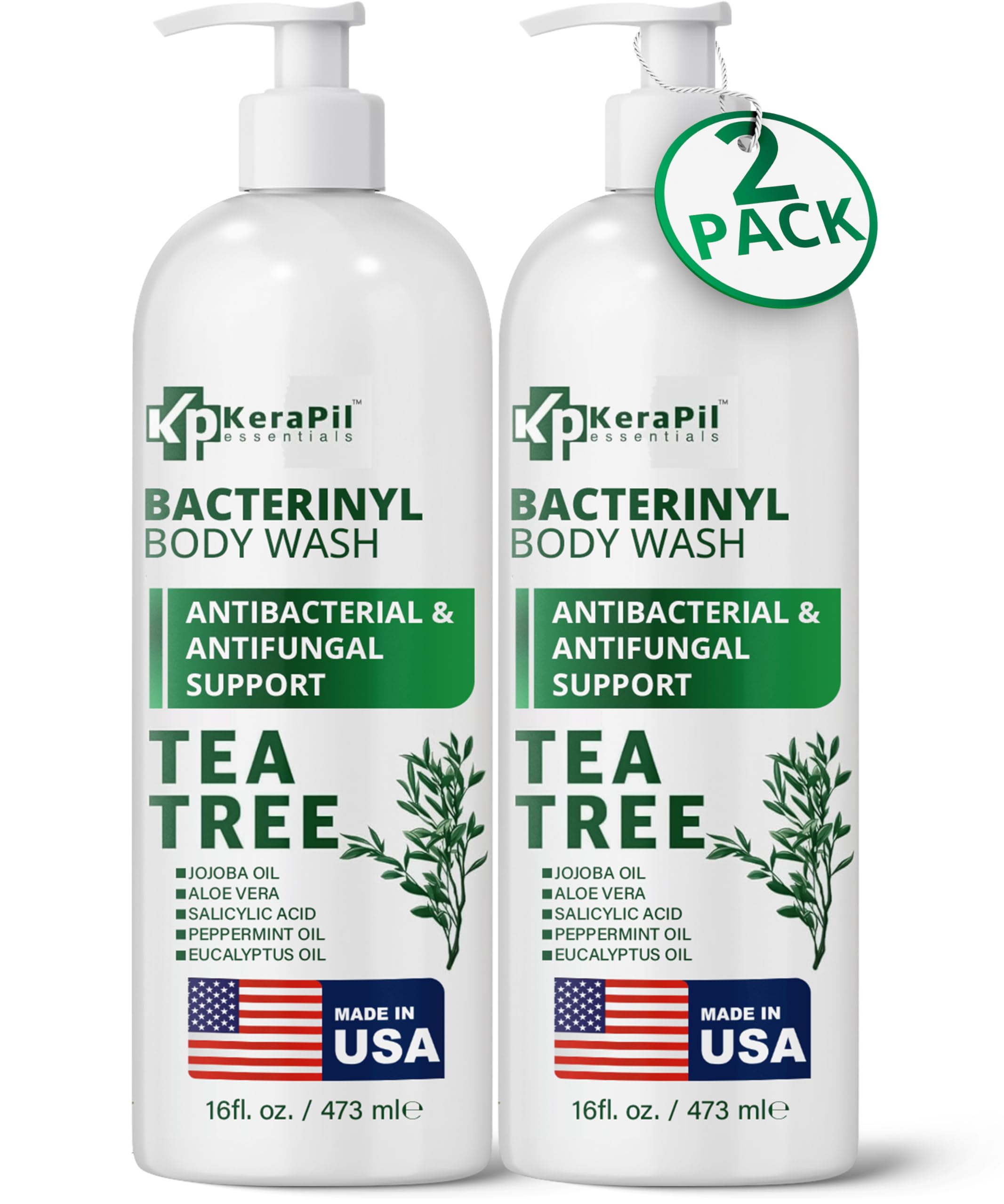 KERAPIL Bacterinyl Tea Tree Oil Body Wash | Antibacterial & Antifungal Support for Ringworm, Odor, Athlete’s Foot & Acne | Made in USA (16 oz x 2)