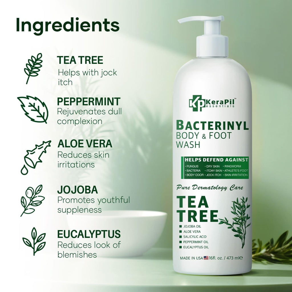 KERAPIL Bacterinyl Tea Tree Oil Body Wash | Antibacterial & Antifungal Support for Ringworm, Odor, Athlete’s Foot & Acne | Made in USA (16 oz x 2)