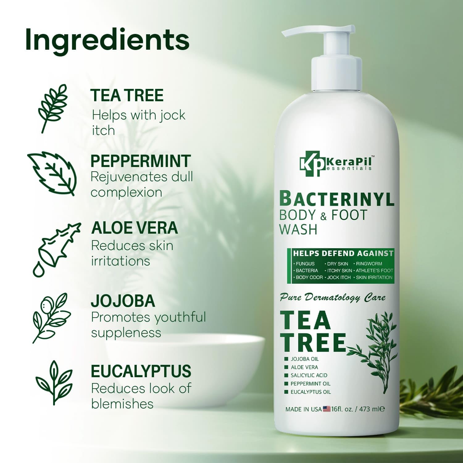 KERAPIL Bacterinyl Tea Tree Oil Body Wash | Antibacterial & Antifungal Support for Ringworm, Odor, Athlete’s Foot & Acne | Made in USA (16 oz x 2)