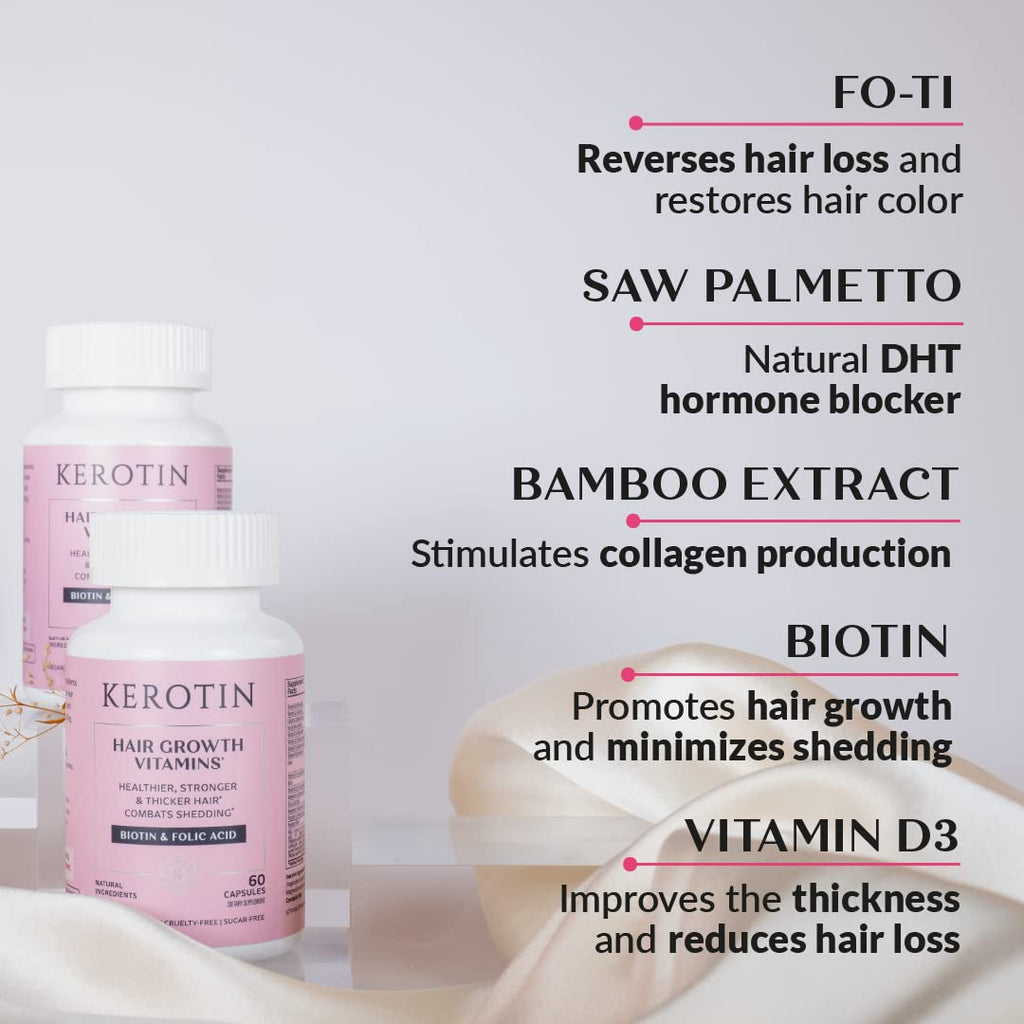 Kerotin Hair Growth Supplement – Longer, Stronger Hair with Biotin, Folic Acid & Saw Palmetto