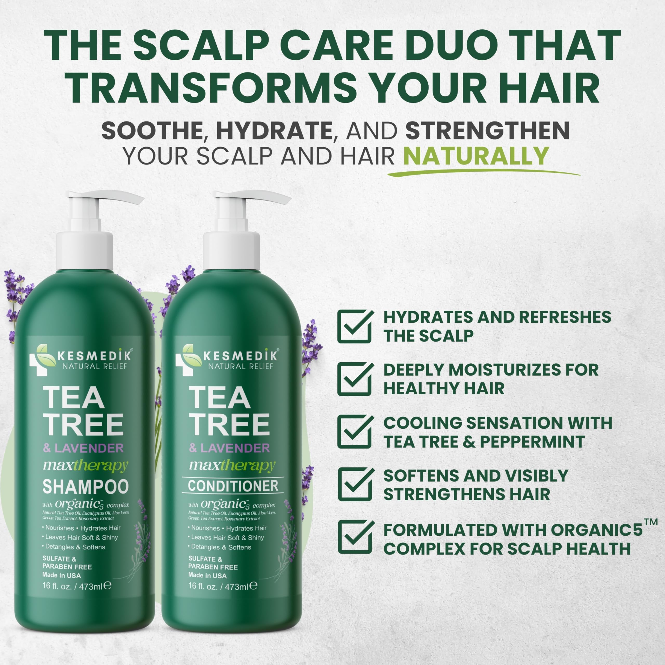 KESMEDIK Tea Tree Lavender Shampoo & Conditioner Set – Sulfate & Paraben-Free, Cooling & Soothing, All Hair Types, 16 fl oz Each