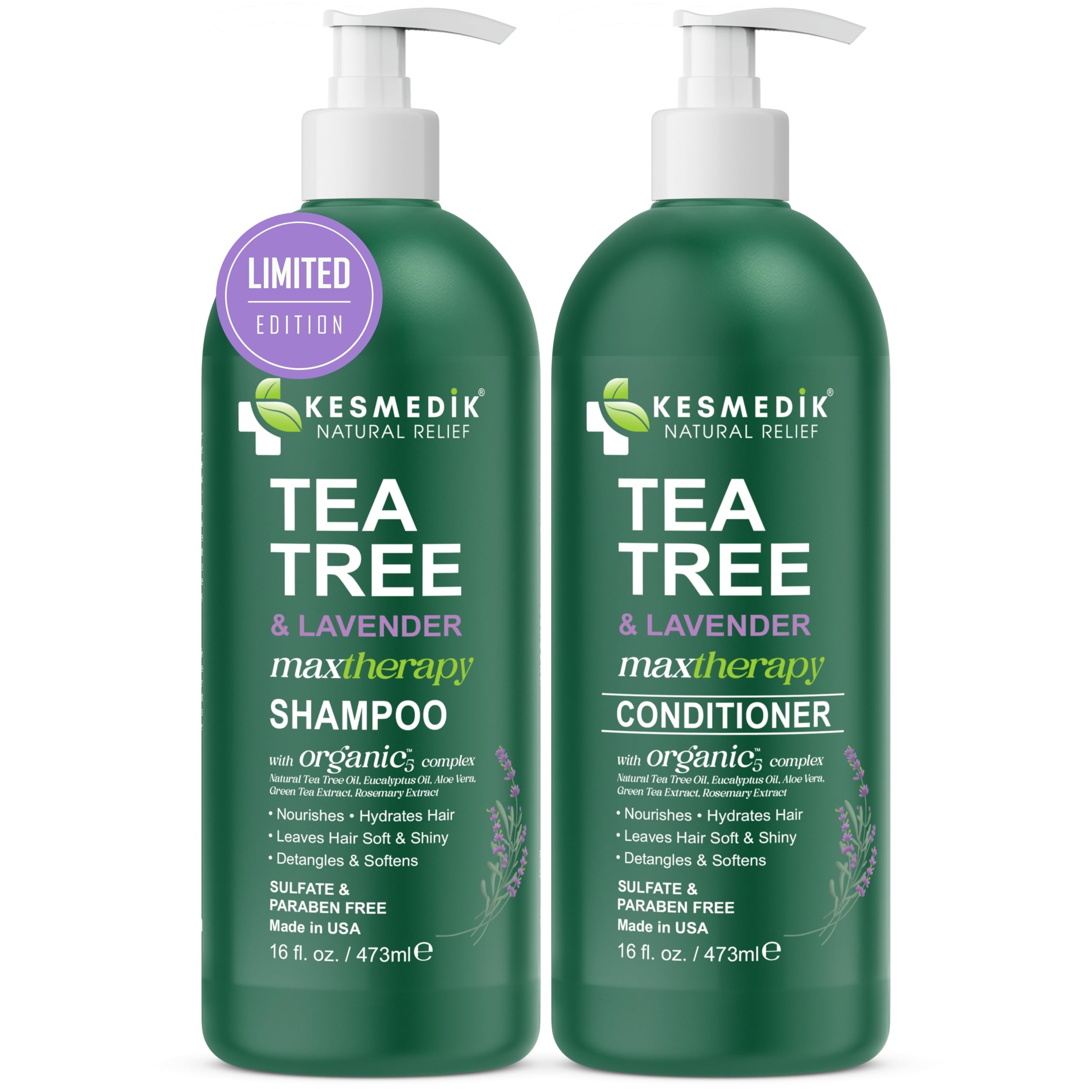 KESMEDIK Tea Tree Lavender Shampoo & Conditioner Set – Sulfate & Paraben-Free, Cooling & Soothing, All Hair Types, 16 fl oz Each