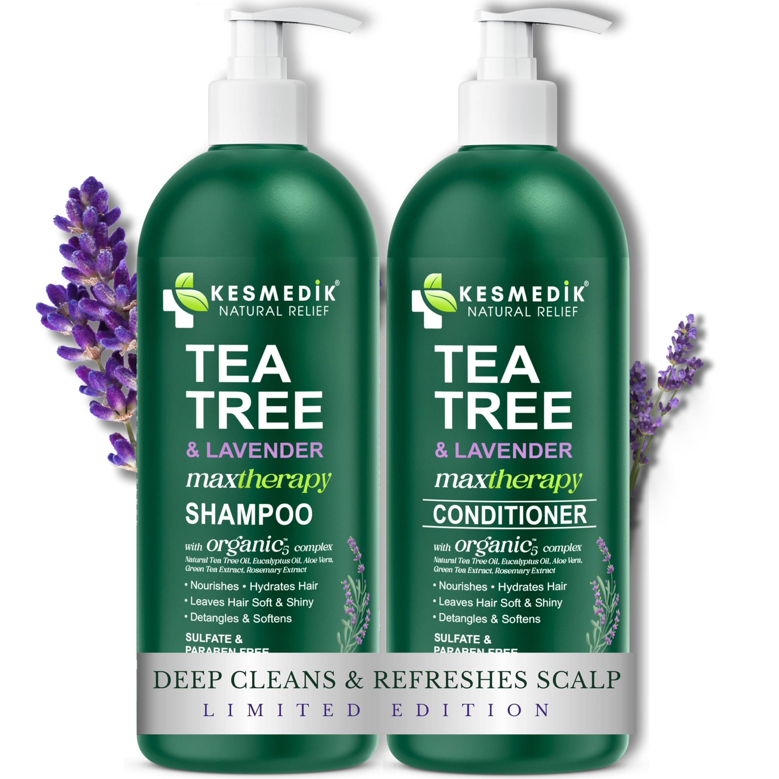 KESMEDIK Tea Tree Lavender Shampoo & Conditioner Set – Sulfate & Paraben-Free, Cooling & Soothing, All Hair Types, 16 fl oz Each