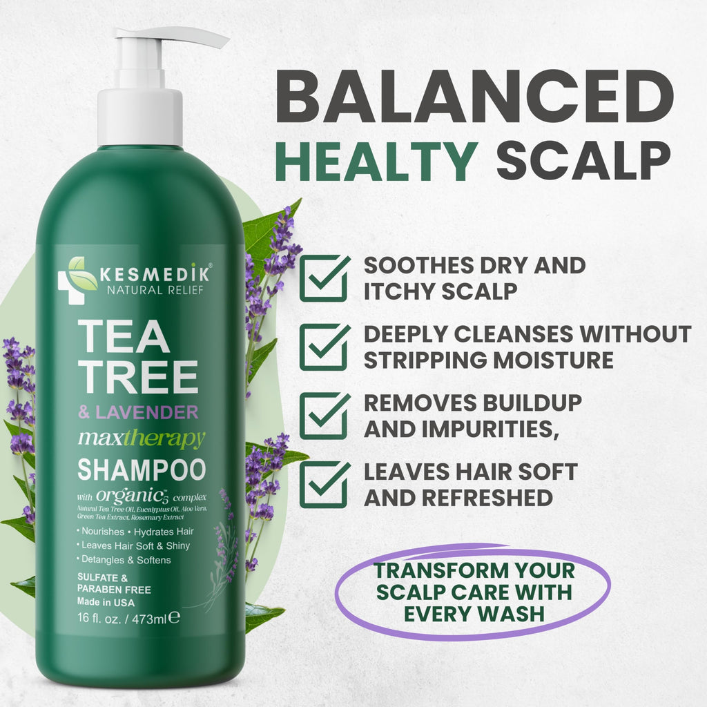 KESMEDIK Tea Tree Lavender Shampoo with Mint & Rosemary – Deep Cleanse, Soothes Dry Scalp, Sulfate & Paraben Free