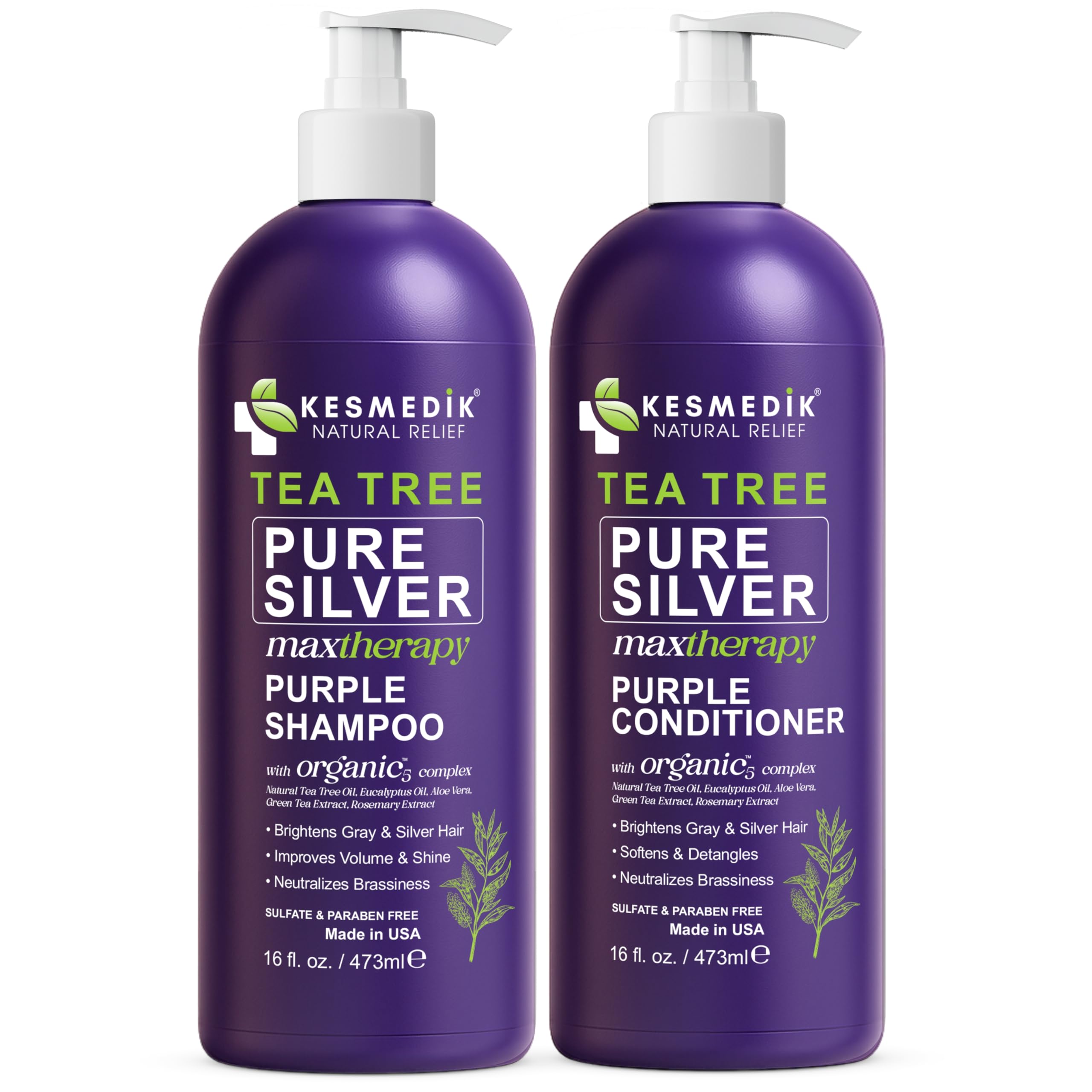 KESMEDIK Tea Tree Purple Shampoo & Conditioner Set – Anti-Brass Toner for Gray, Bleached, White & Blonde Hair | Sulfate-Free