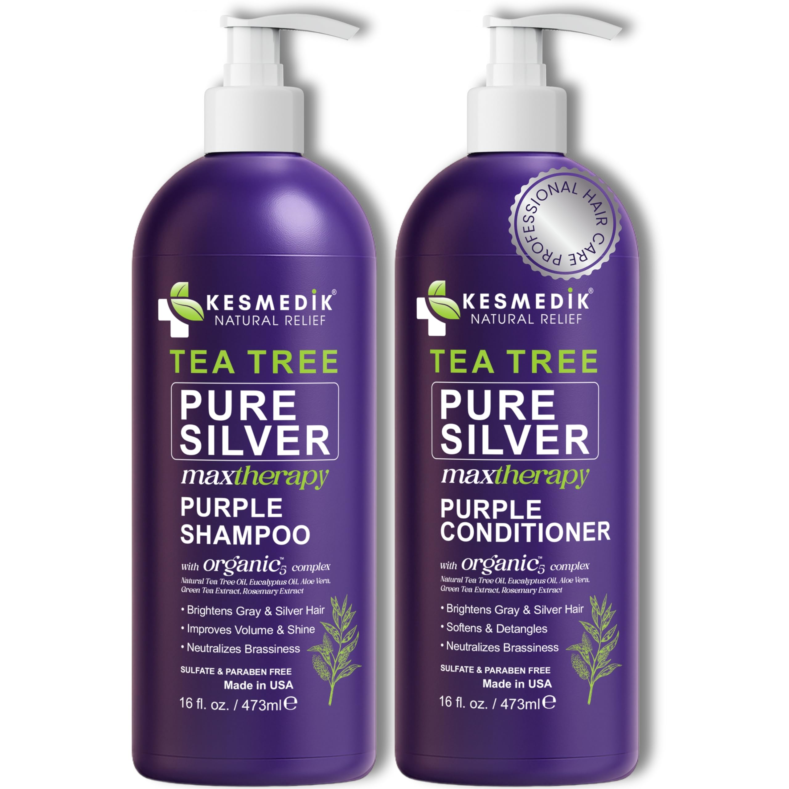 KESMEDIK Tea Tree Purple Shampoo & Conditioner Set – Anti-Brass Toner for Gray, Bleached, White & Blonde Hair | Sulfate-Free