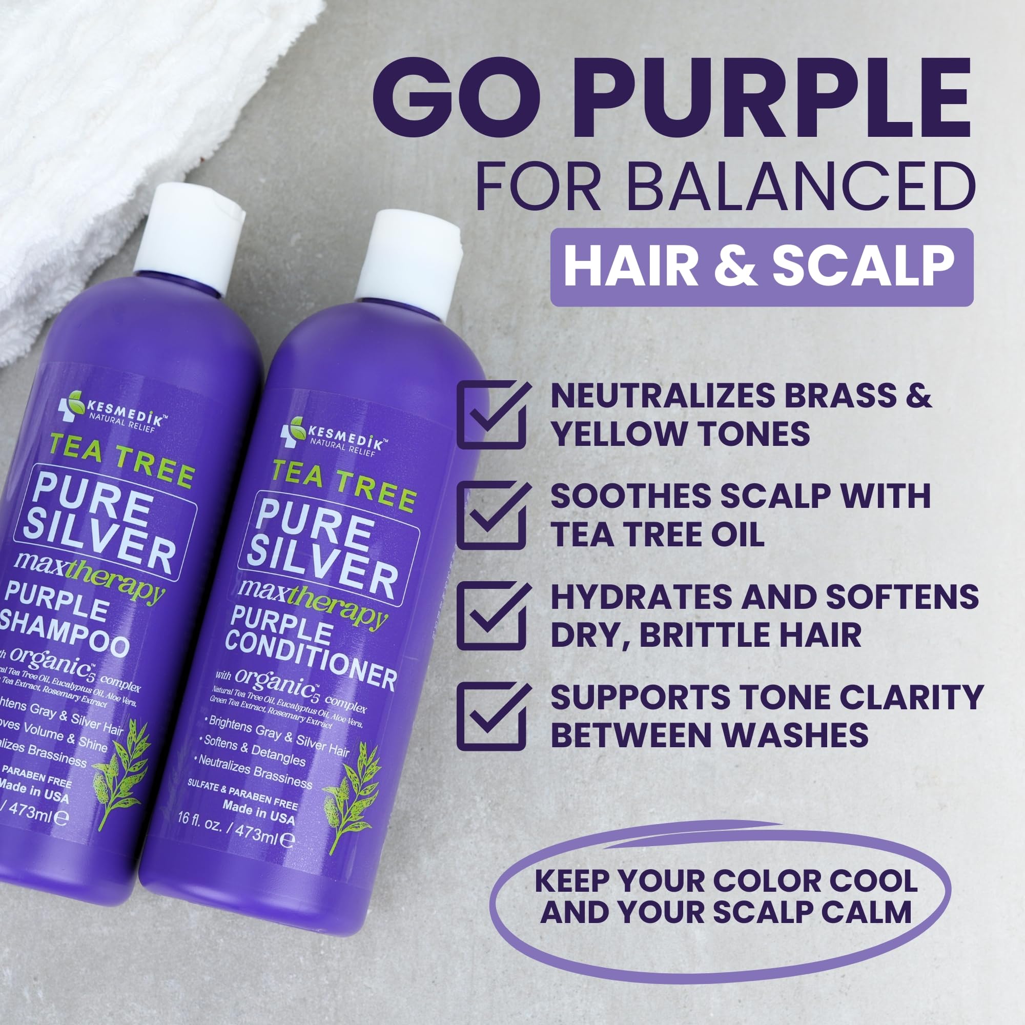 KESMEDIK Tea Tree Purple Shampoo & Conditioner Set – Anti-Brass Toner for Gray, Bleached, White & Blonde Hair | Sulfate-Free