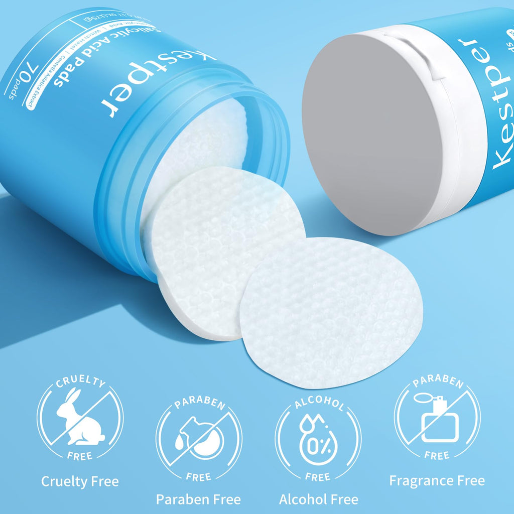 Kestper Salicylic Acid Exfoliating Facial Pads for Blemish-Prone Skin | Pore Cleansing & Oil Control | Witch Hazel Toner Pads | 70 Count