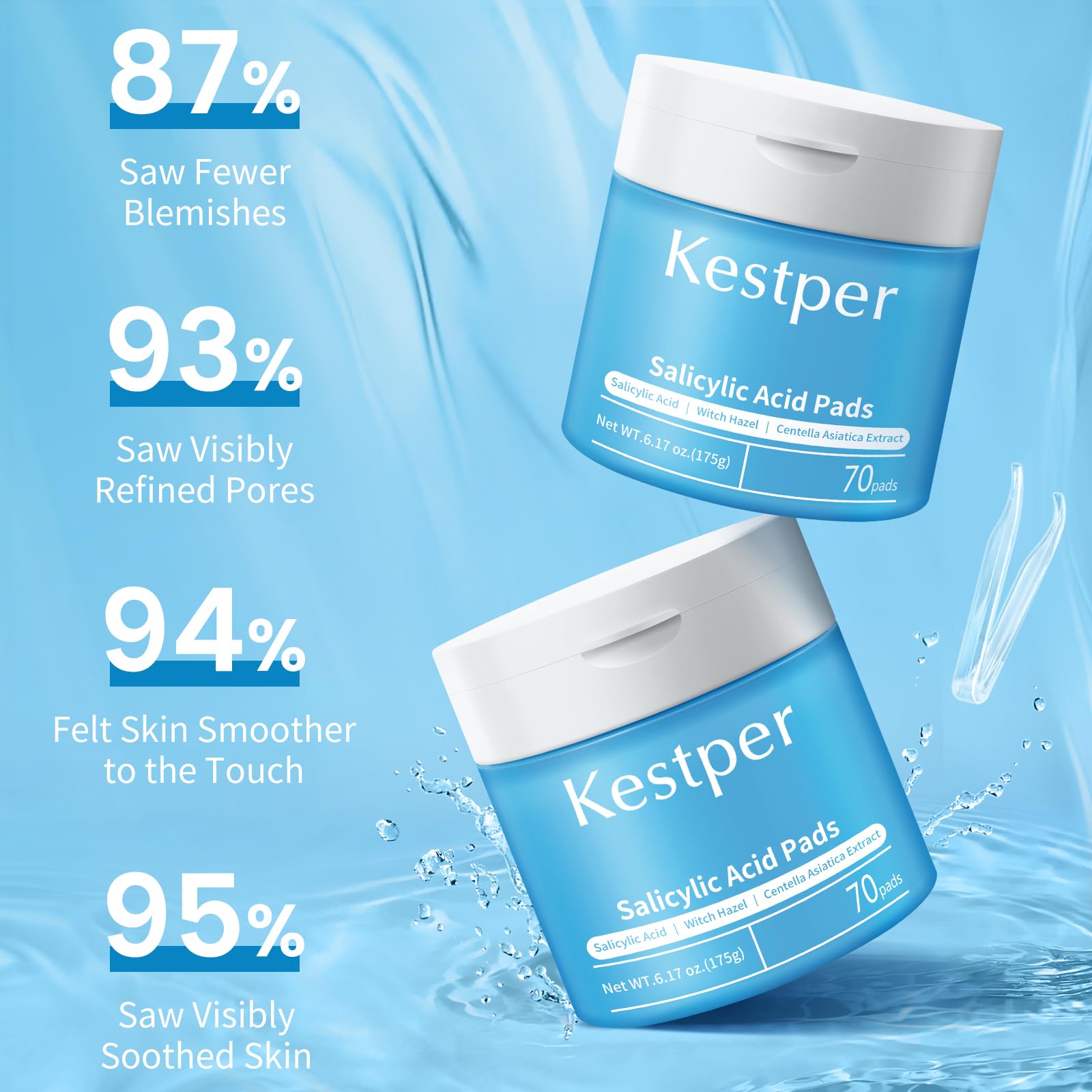 Kestper Salicylic Acid Exfoliating Facial Pads for Blemish-Prone Skin | Pore Cleansing & Oil Control | Witch Hazel Toner Pads | 70 Count