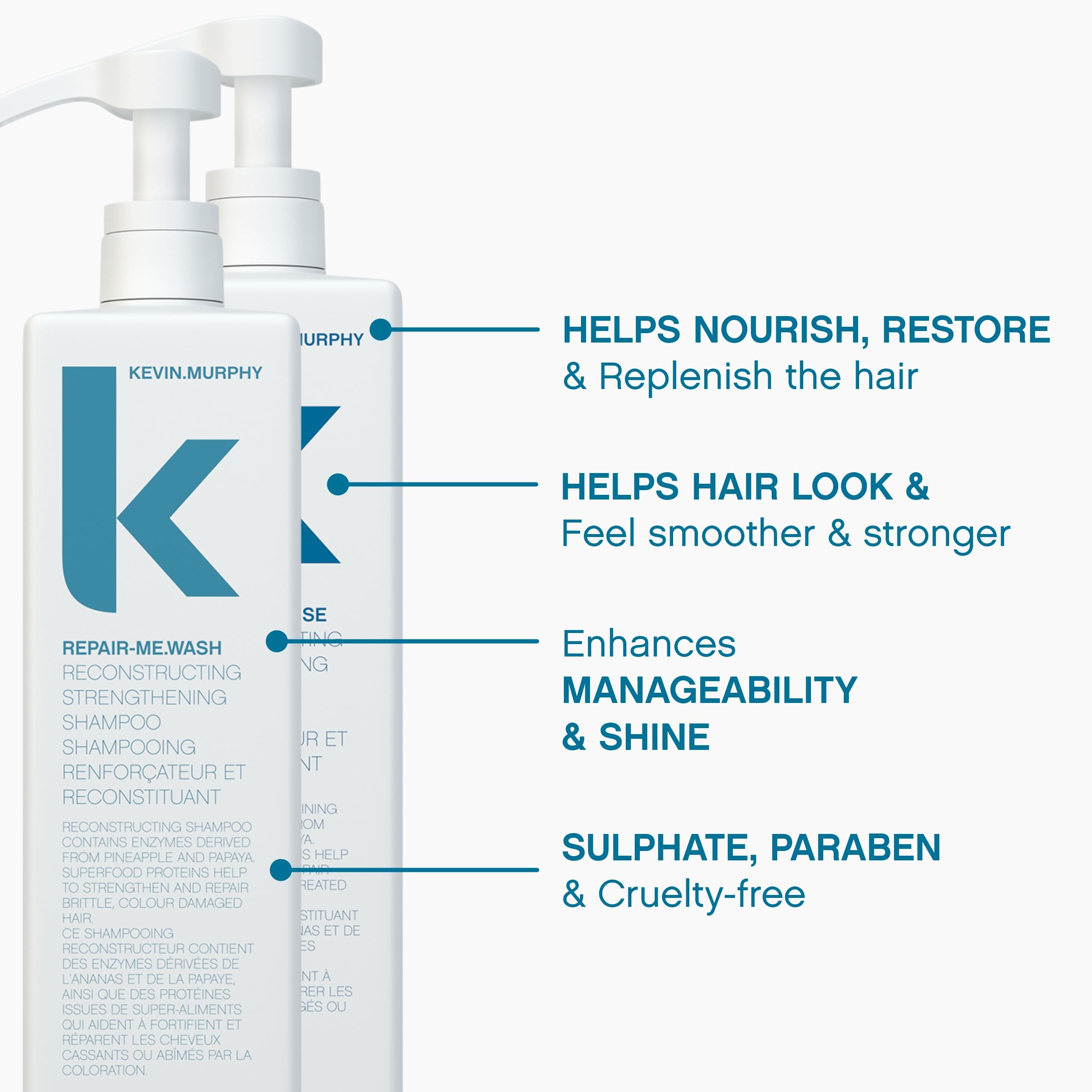 KEVIN.MURPHY REPAIR-ME.WASH & REPAIR-ME.RINSE – Moisturising Hair Repair Shampoo & Conditioner | Sulphate & Paraben Free | 2 x 1L
