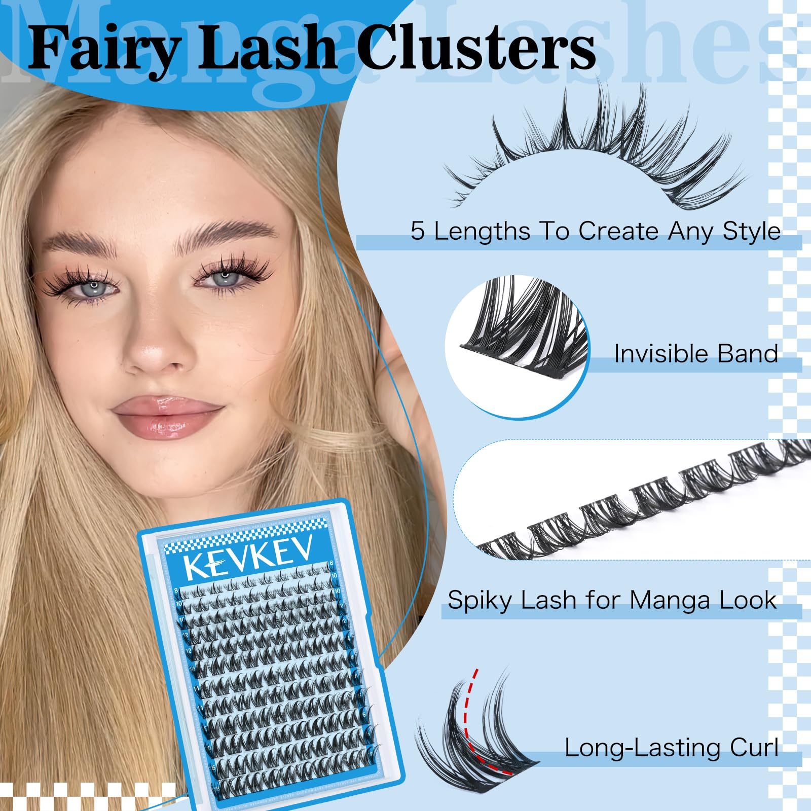 KevKev Fairy Lash Clusters Kit – Manga Lash Extensions with Invisible Band, Bond & Seal, Tweezers