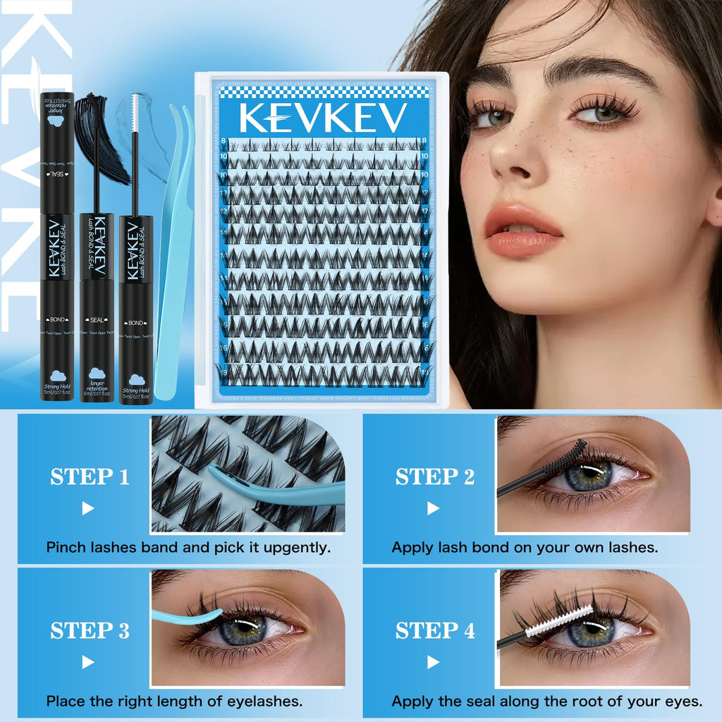 KevKev Fairy Lash Clusters Kit – Manga Lash Extensions with Invisible Band, Bond & Seal, Tweezers