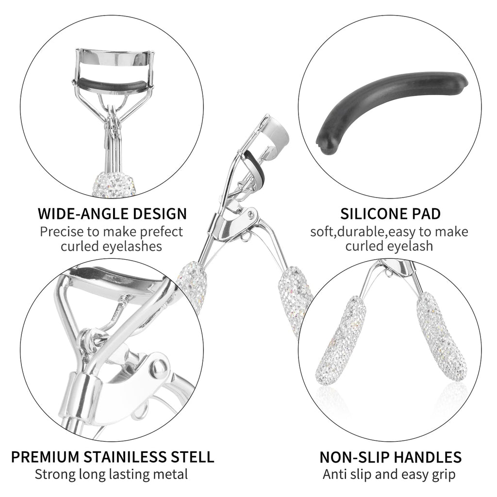 KEYPOWER Bling Rhinestone Eyelash Curler – Stainless Steel, All Eye Shapes, Curved Lash Curler (White)