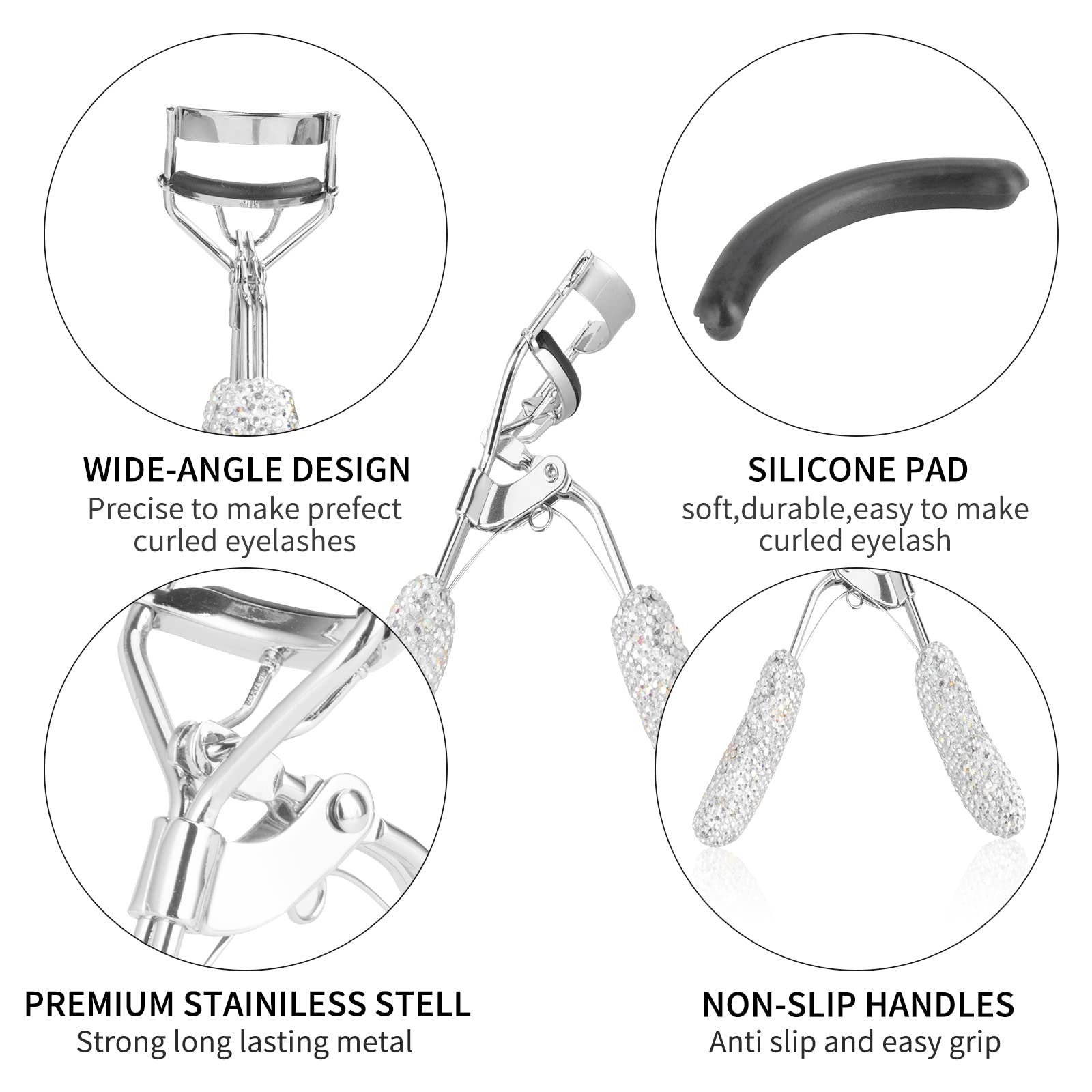 KEYPOWER Bling Rhinestone Eyelash Curler – Stainless Steel, All Eye Shapes, Curved Lash Curler (White)