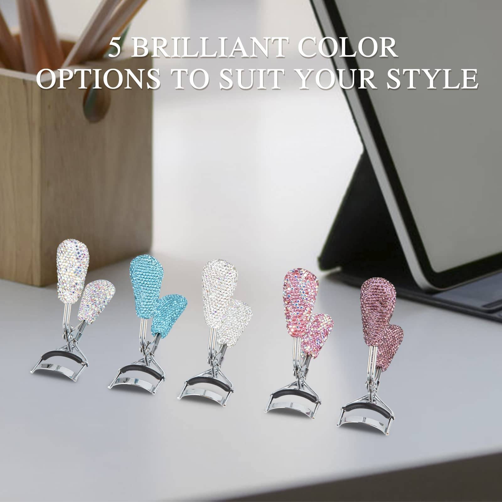 KEYPOWER Bling Rhinestone Eyelash Curler – Stainless Steel, All Eye Shapes, Curved Lash Curler (White)